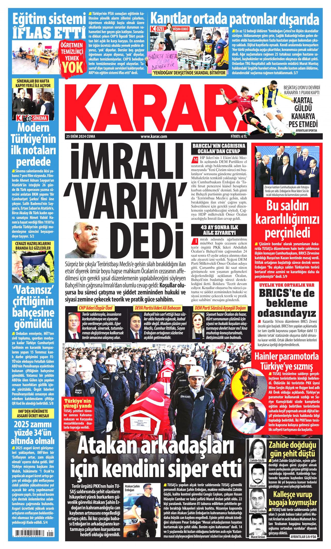 KARAR gazetesinin 25 Ekim 2024 tarihli birinci sayfası