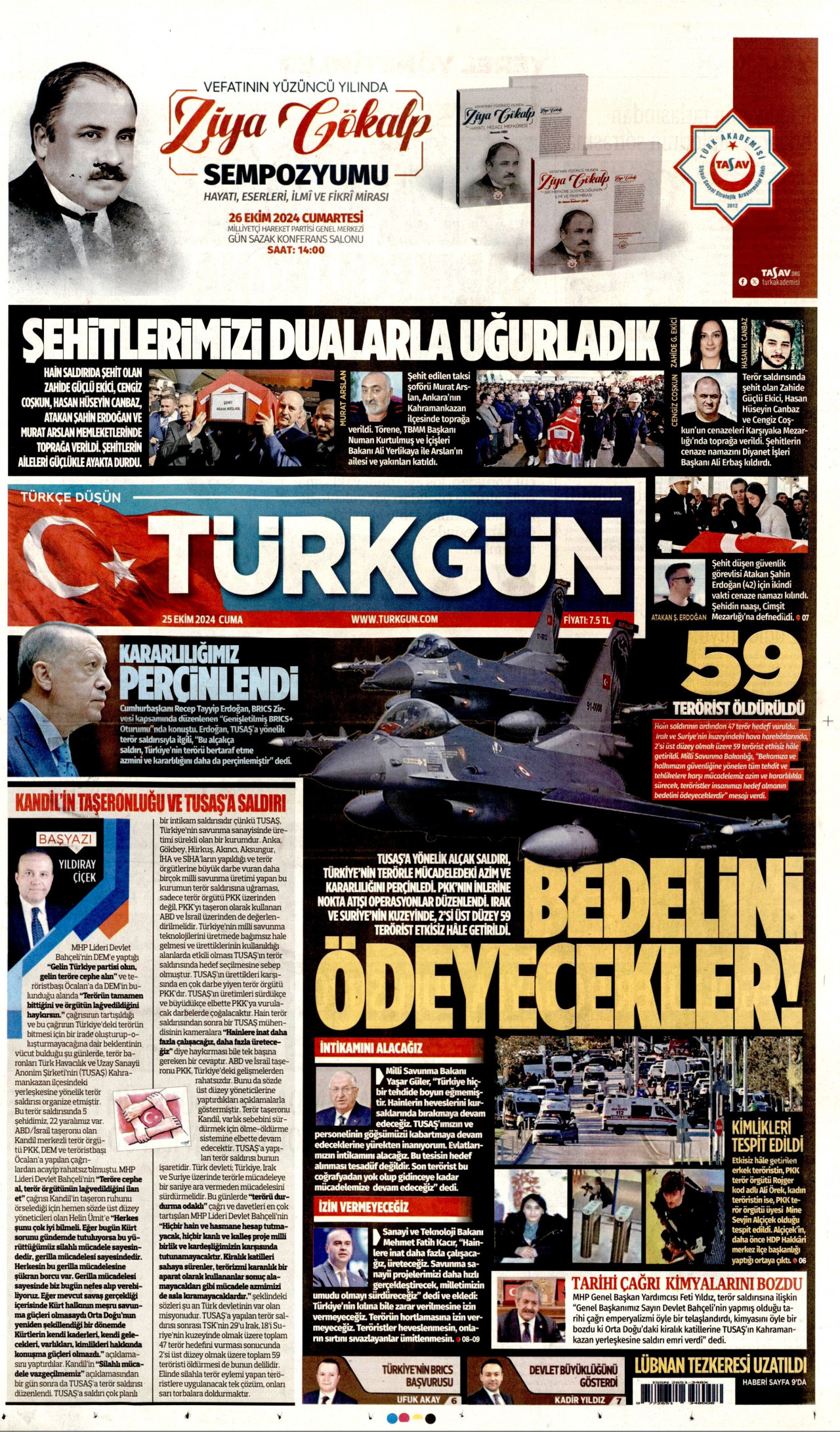 TÜRKGÜN gazetesinin 25 Ekim 2024 tarihli birinci sayfası