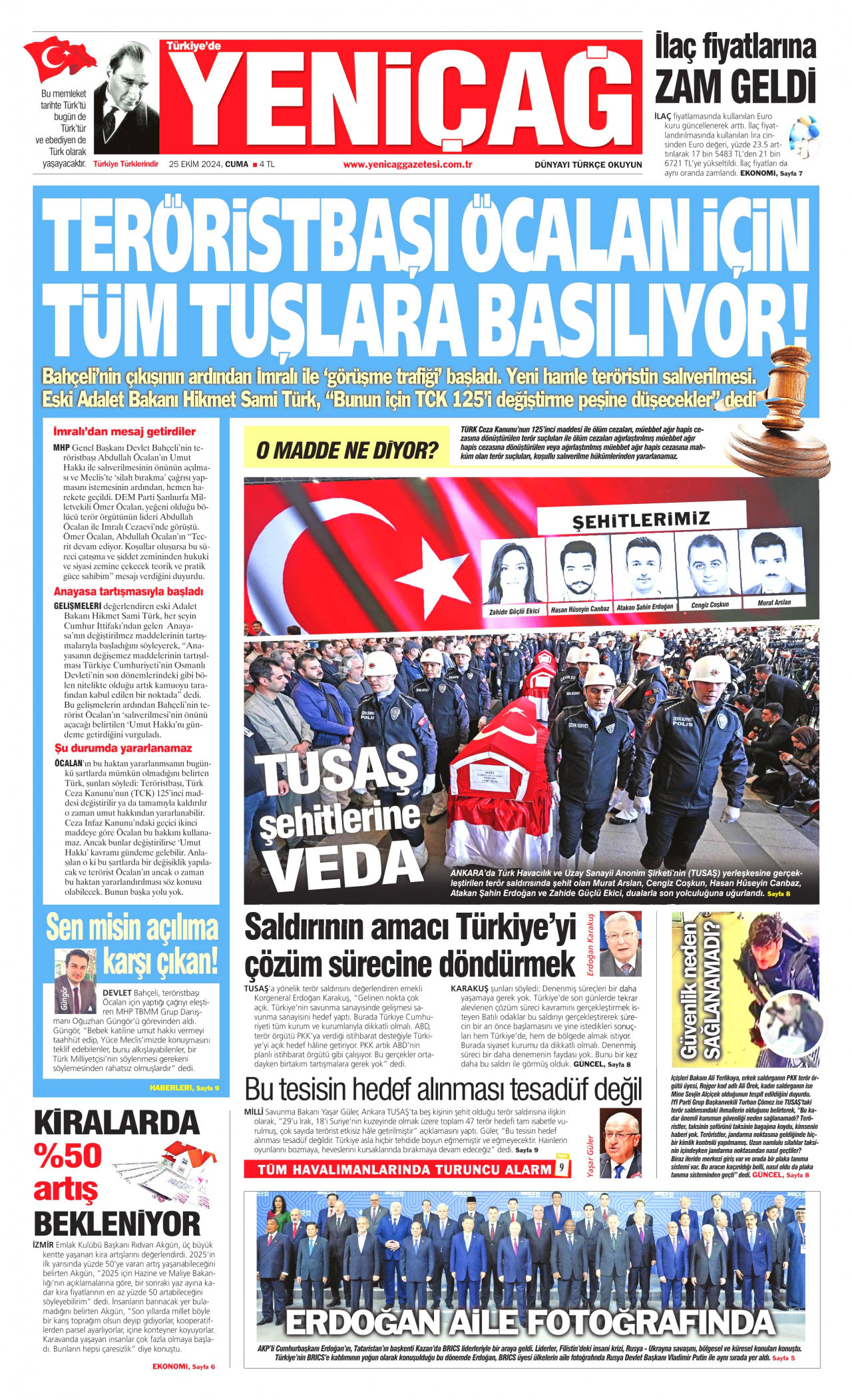 YENİÇAĞ gazetesinin 25 Ekim 2024 tarihli birinci sayfası