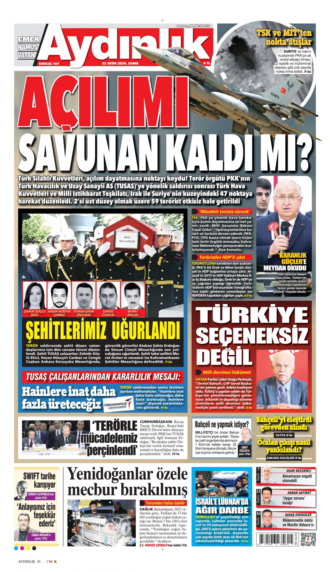 AYDINLIK GAZETESİ gazetesinin 25 Ekim 2024 tarihli birinci sayfası