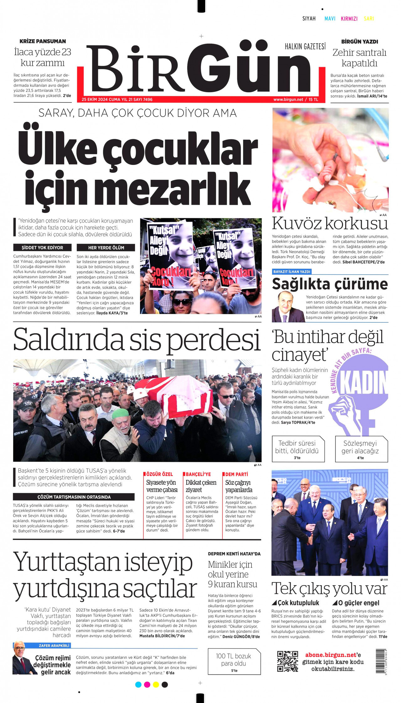 BİRGÜN gazetesinin 25 Ekim 2024 tarihli birinci sayfası