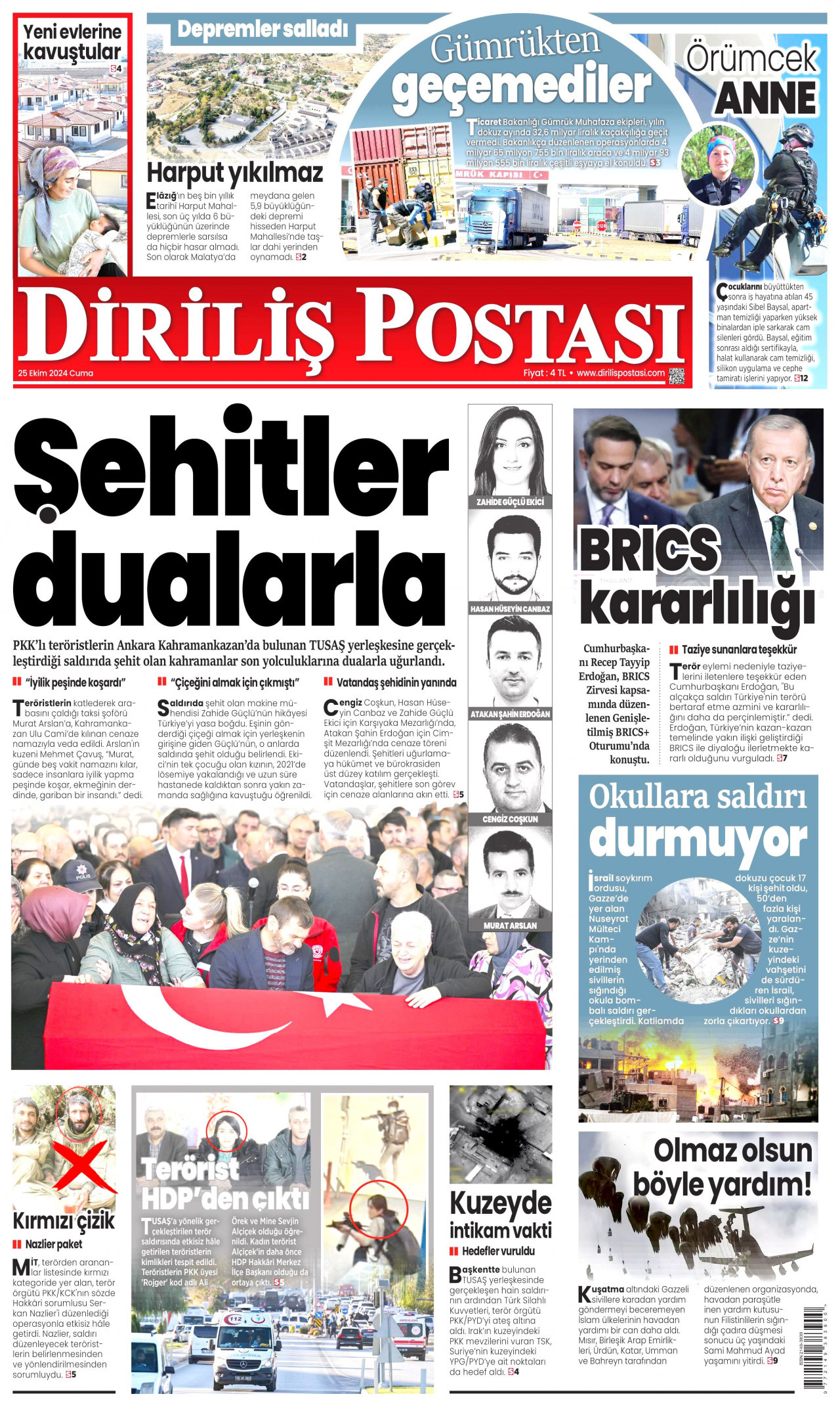 DİRİLİŞ POSTASI gazetesinin 25 Ekim 2024 tarihli birinci sayfası