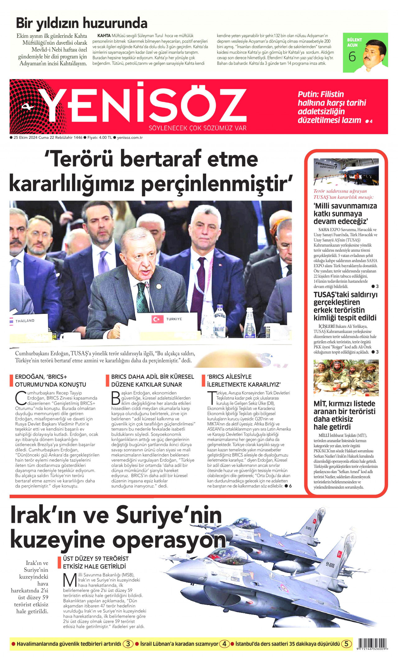 YENİ SÖZ GAZETESİ gazetesinin 25 Ekim 2024 tarihli birinci sayfası