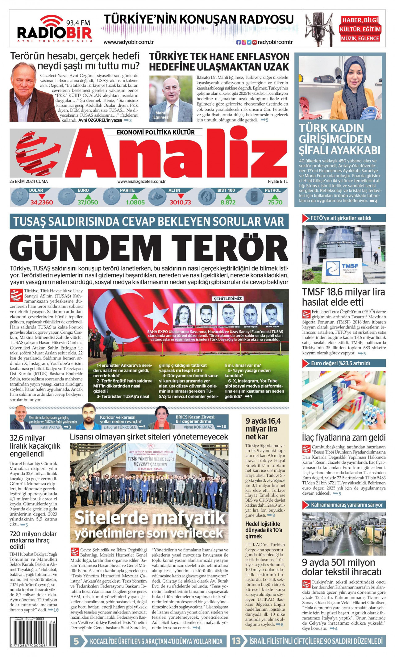 ANALİZ gazetesinin 25 Ekim 2024 tarihli birinci sayfası