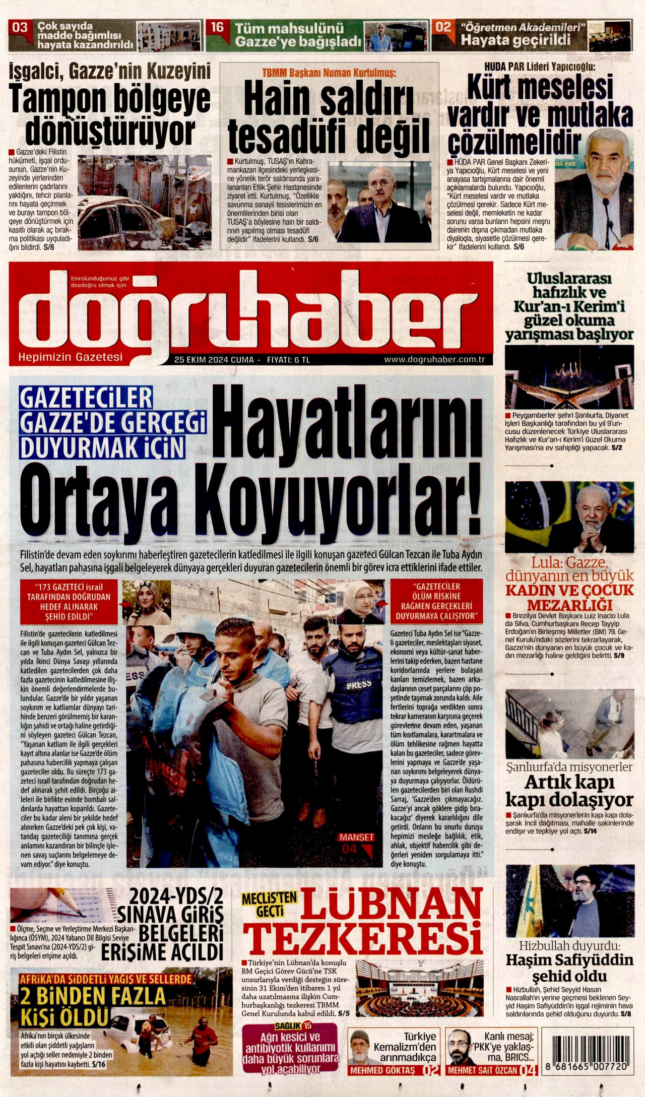 DOĞRU HABER gazetesinin 25 Ekim 2024 tarihli birinci sayfası