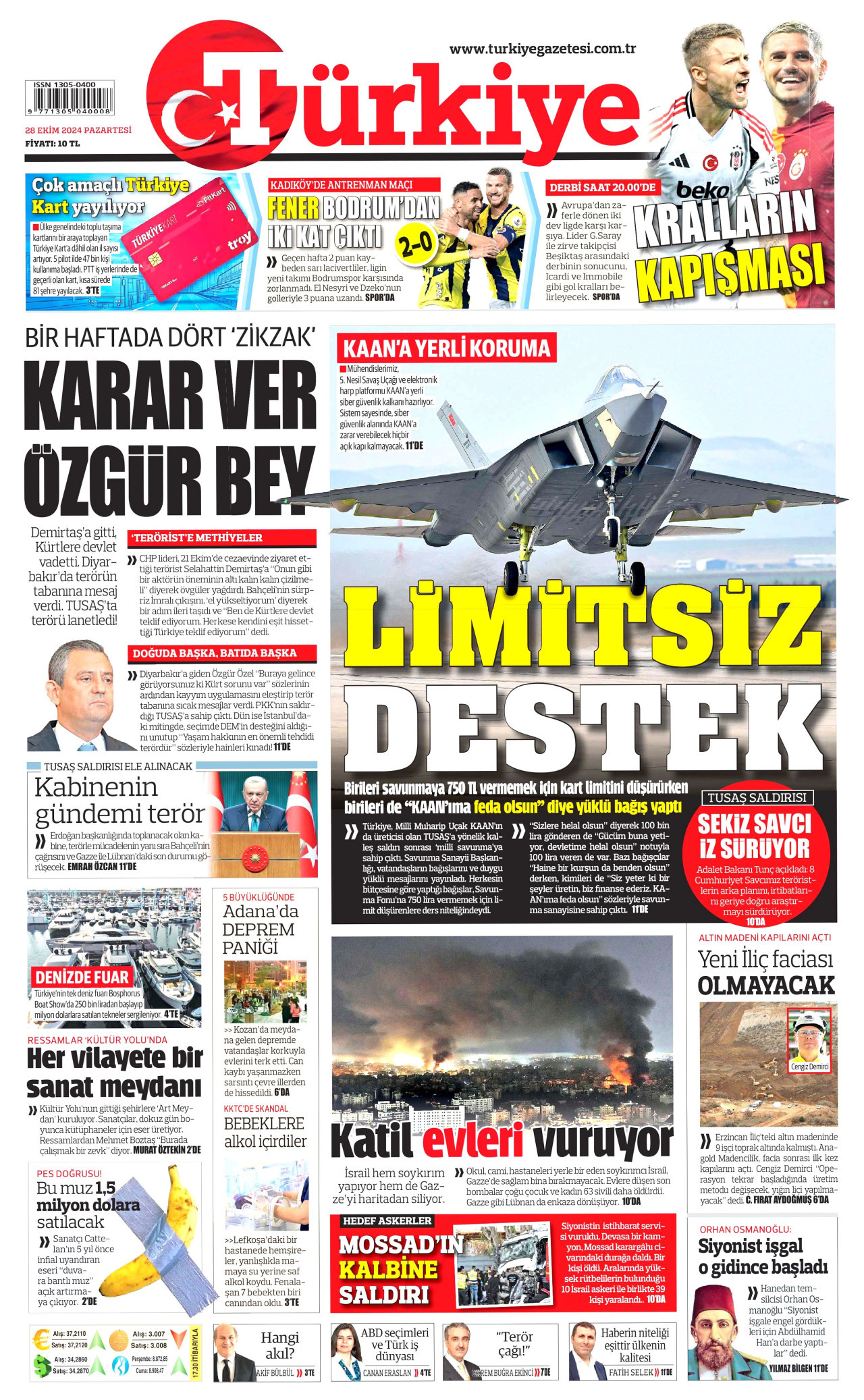 TÜRKİYE GAZETESİ gazetesinin 28 Ekim 2024 tarihli birinci sayfası