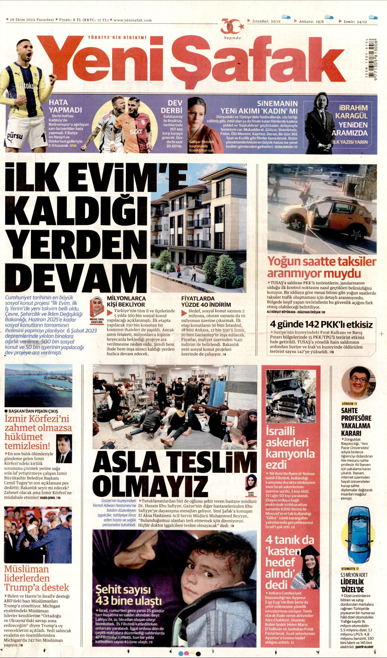 YENİ ŞAFAK gazetesinin 28 Ekim 2024 tarihli birinci sayfası