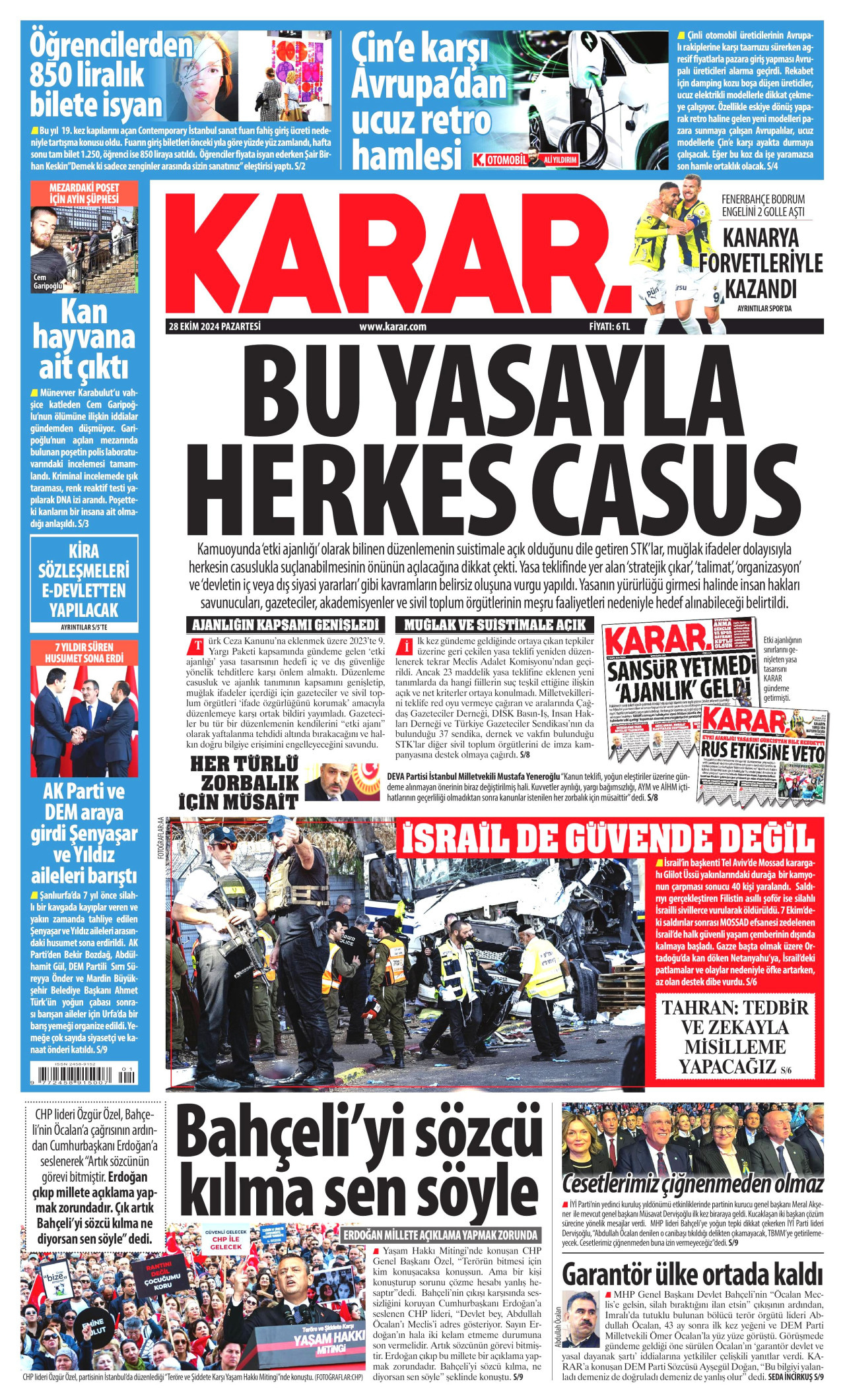 KARAR gazetesinin 28 Ekim 2024 tarihli birinci sayfası