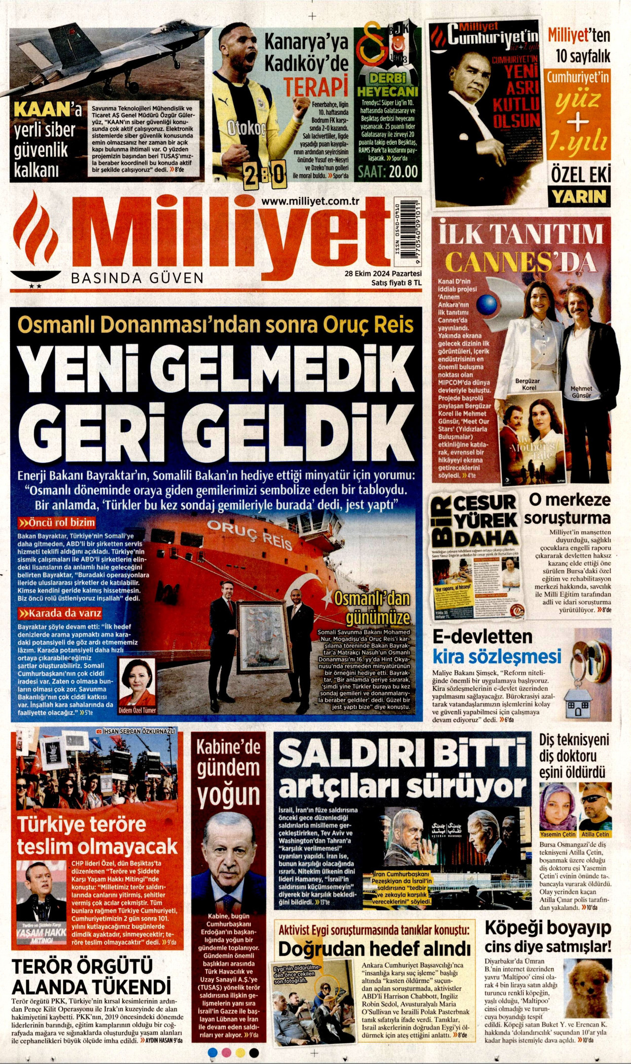 MİLLİYET gazetesinin 28 Ekim 2024 tarihli birinci sayfası