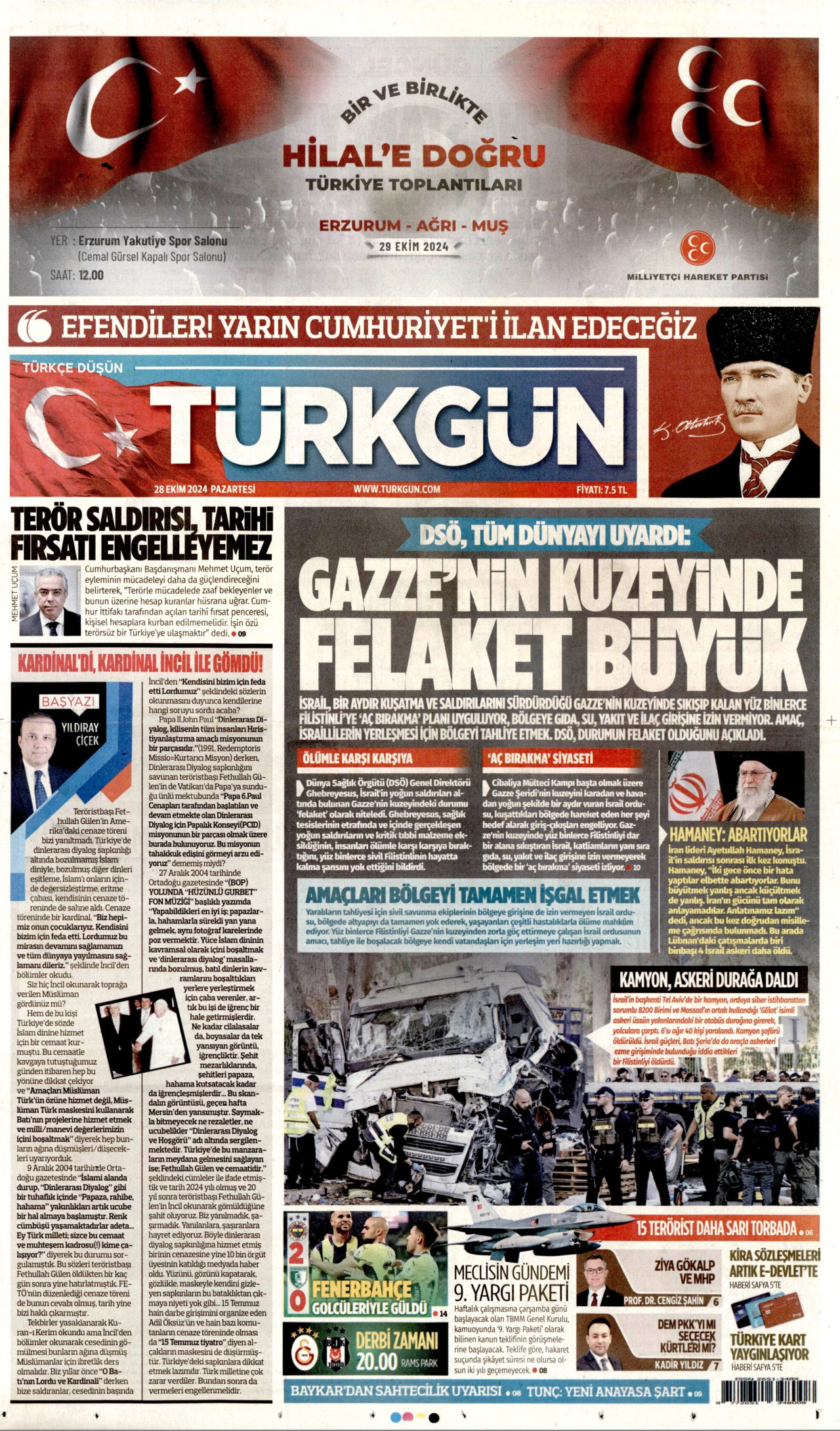 TÜRKGÜN gazetesinin 28 Ekim 2024 tarihli birinci sayfası