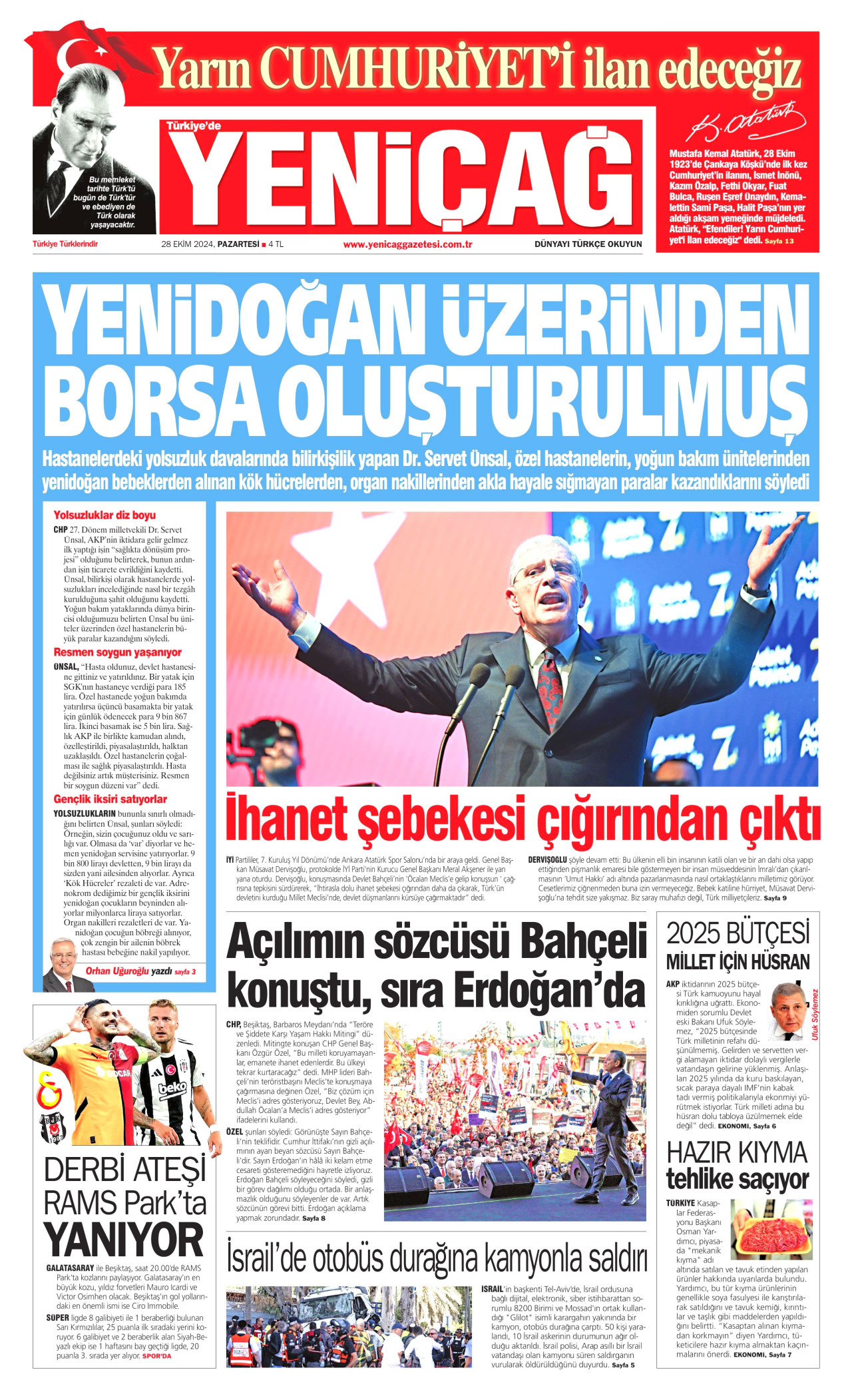 YENİÇAĞ gazetesinin 28 Ekim 2024 tarihli birinci sayfası