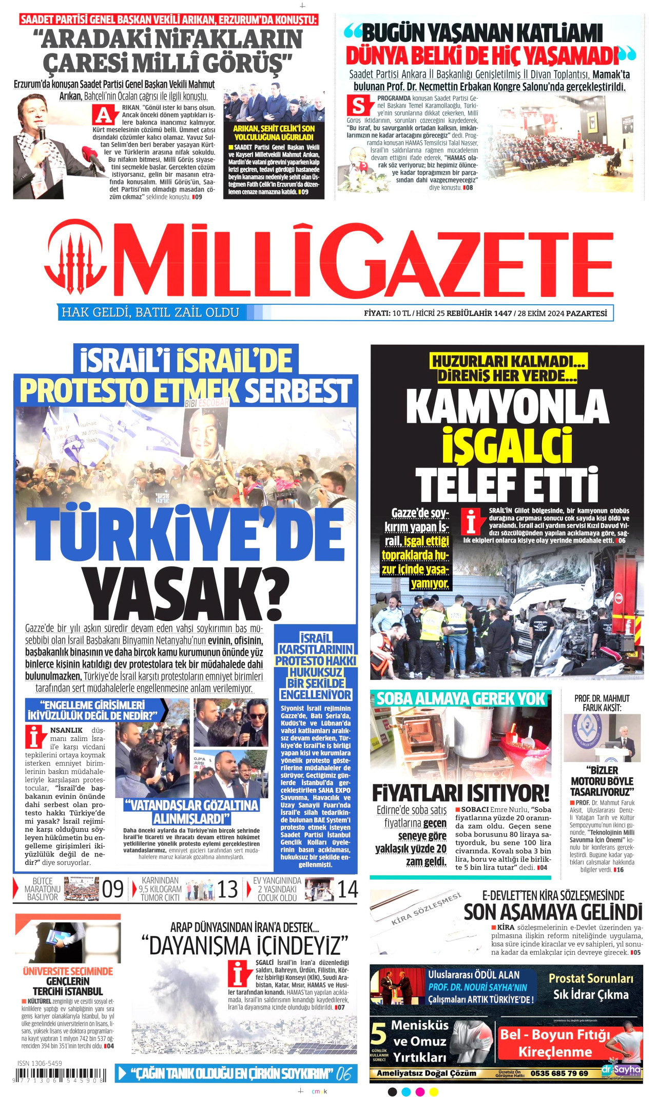 MİLLİ GAZETE gazetesinin 28 Ekim 2024 tarihli birinci sayfası