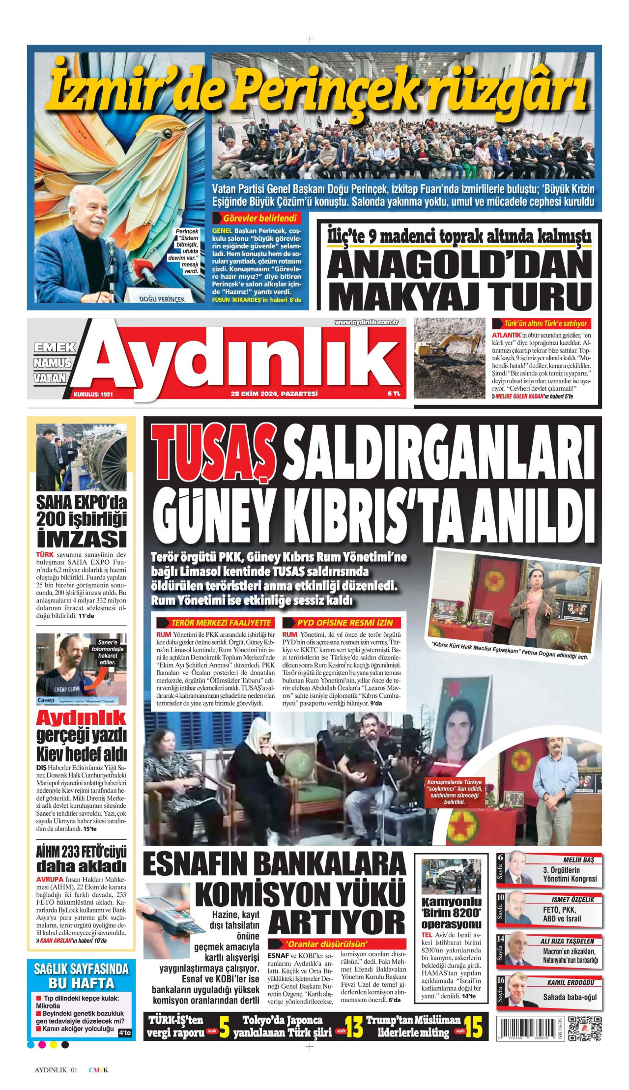 AYDINLIK GAZETESİ gazetesinin 28 Ekim 2024 tarihli birinci sayfası