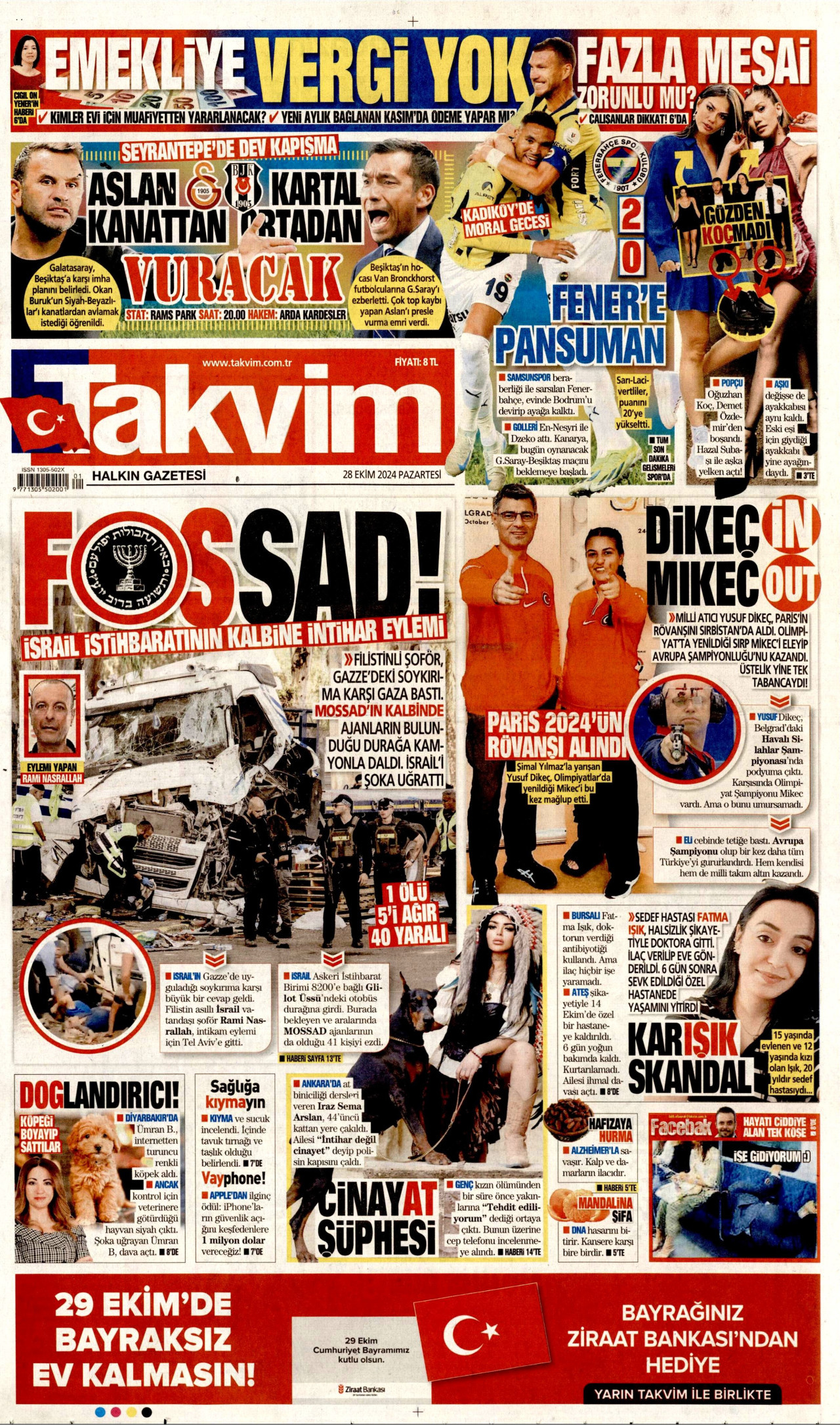 TAKVİM gazetesinin 28 Ekim 2024 tarihli birinci sayfası