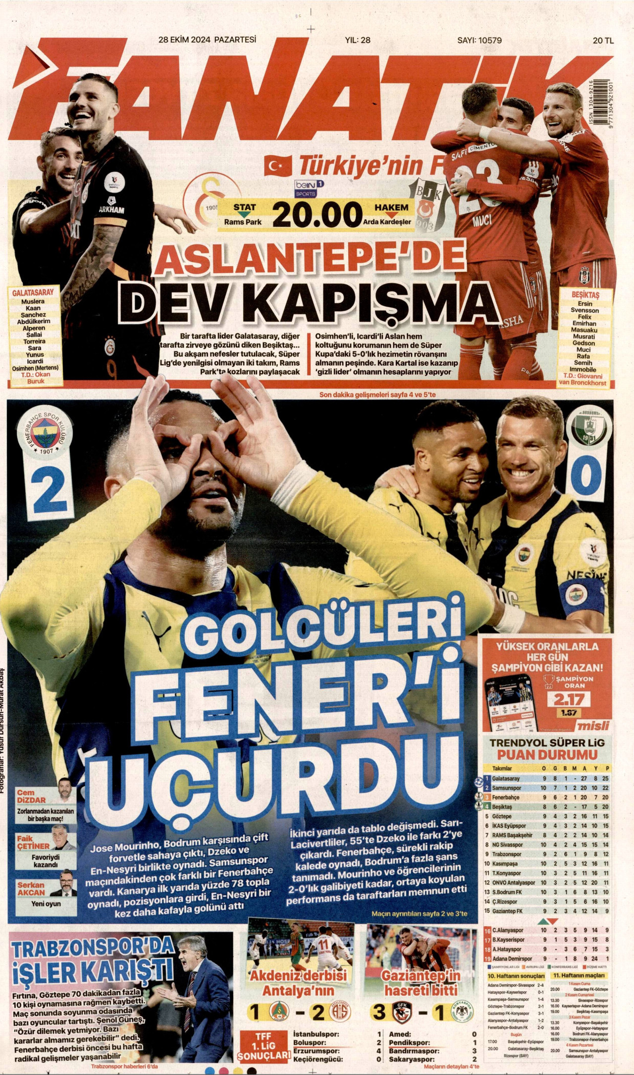 FANATİK gazetesinin 28 Ekim 2024 tarihli birinci sayfası