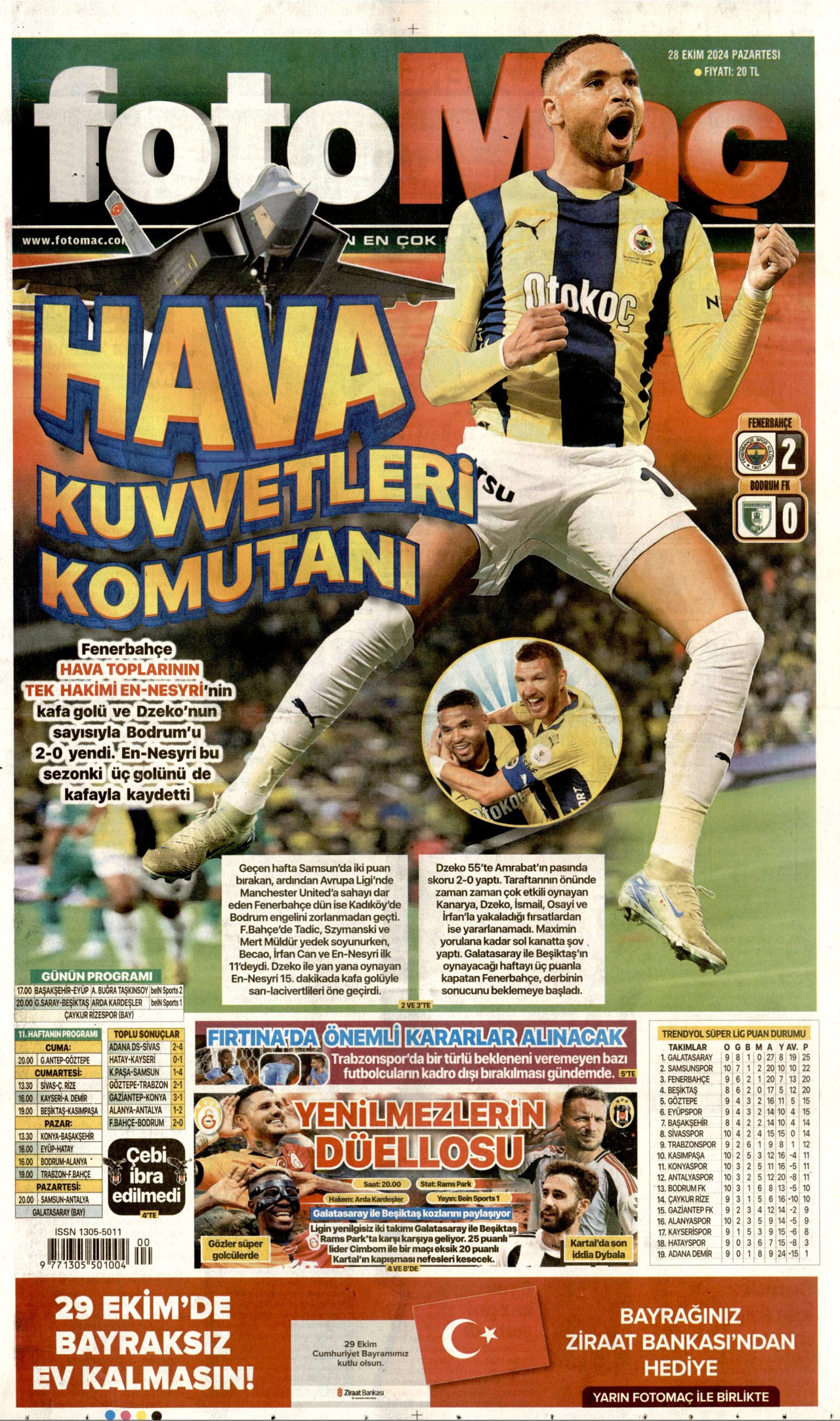 FOTOMAÇ gazetesinin 28 Ekim 2024 tarihli birinci sayfası