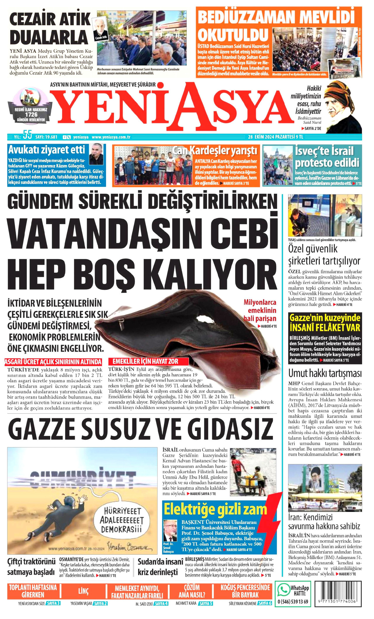 YENİ ASYA gazetesinin 28 Ekim 2024 tarihli birinci sayfası