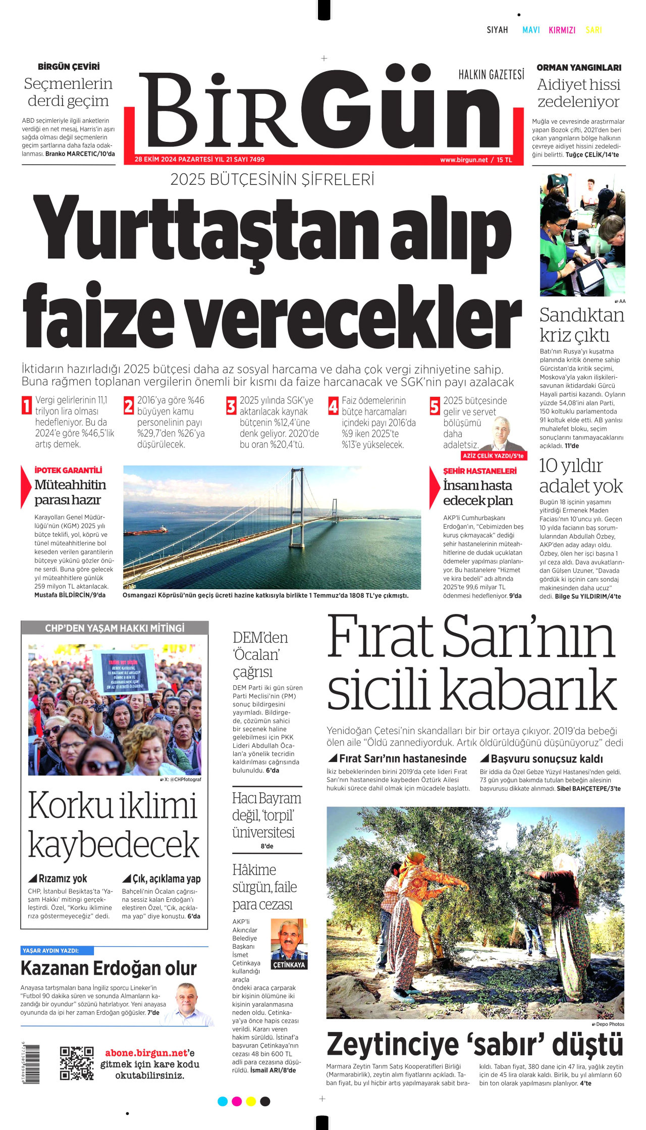 BİRGÜN gazetesinin 28 Ekim 2024 tarihli birinci sayfası