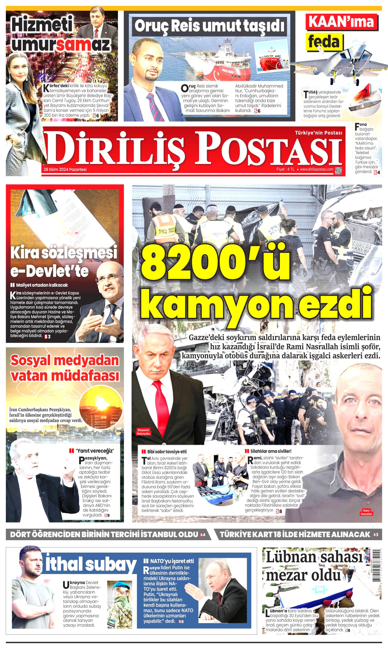 DİRİLİŞ POSTASI gazetesinin 28 Ekim 2024 tarihli birinci sayfası