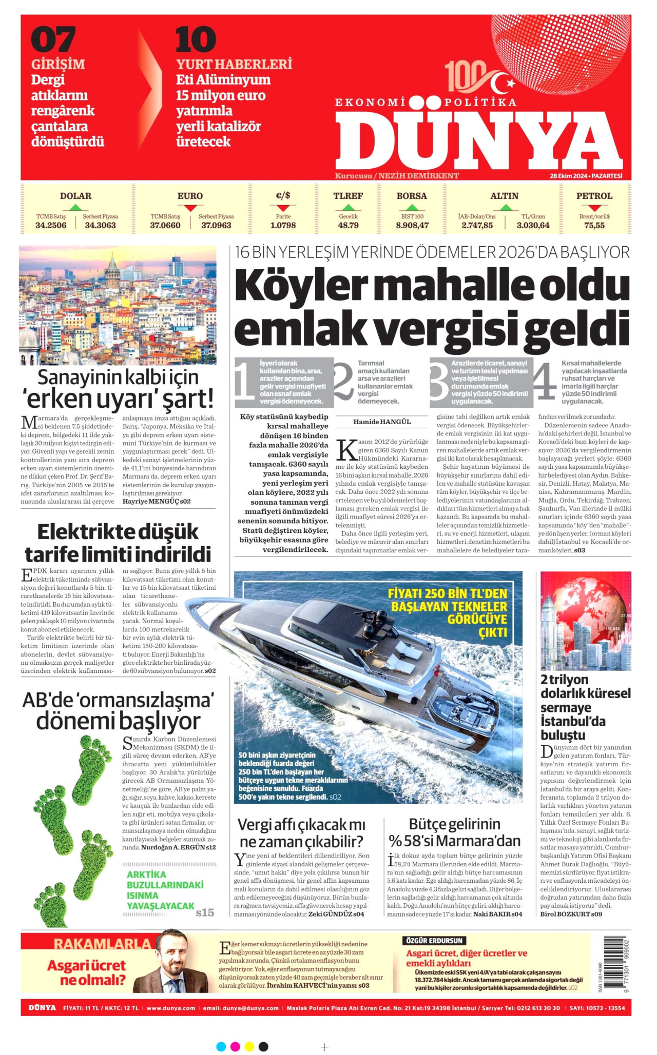 DÜNYA gazetesinin 28 Ekim 2024 tarihli birinci sayfası