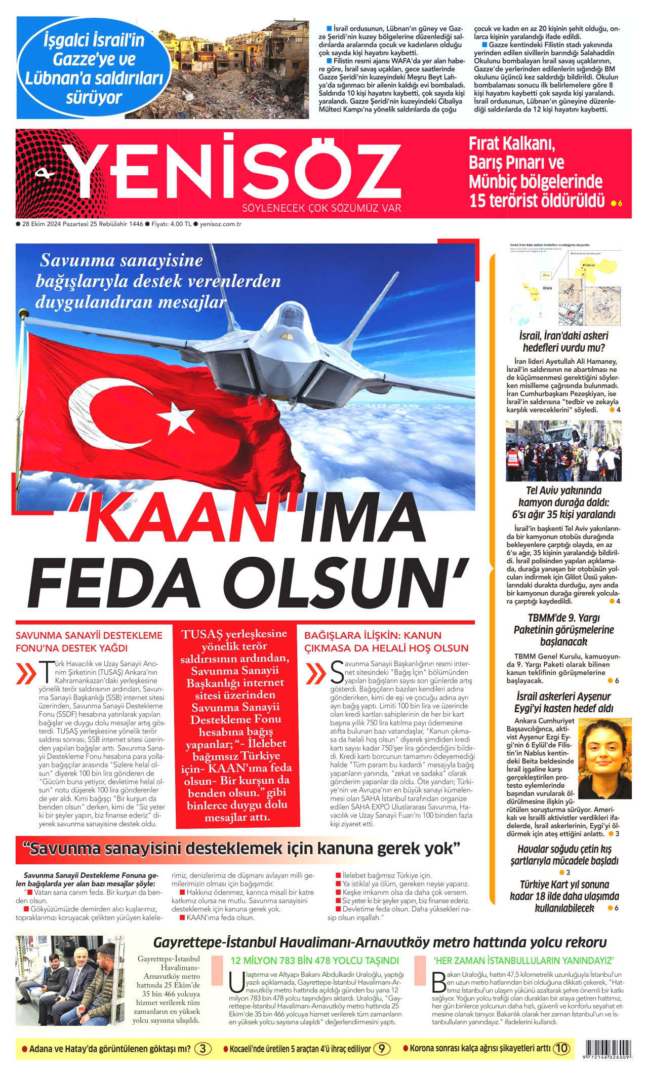 YENİ SÖZ GAZETESİ gazetesinin 28 Ekim 2024 tarihli birinci sayfası