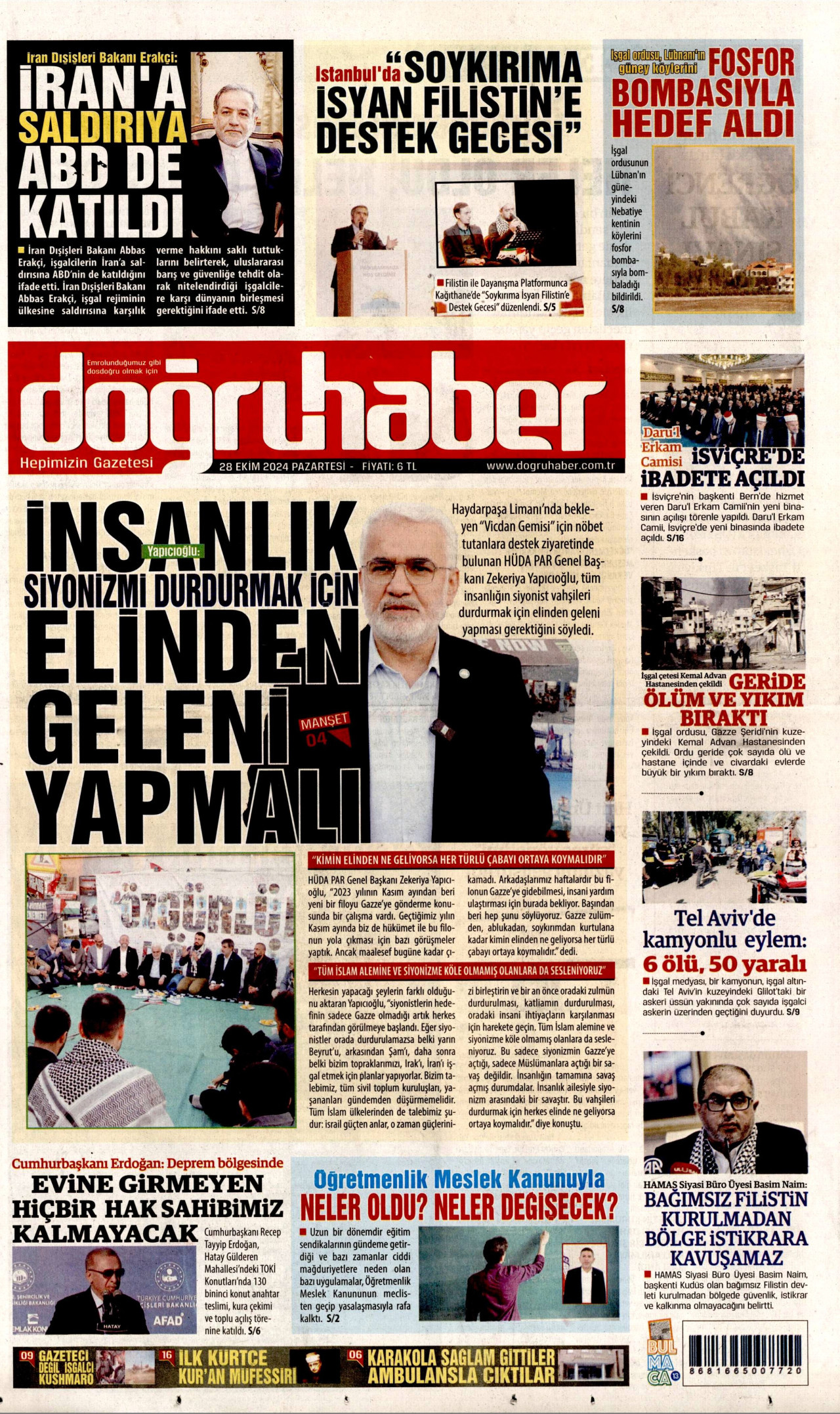 DOĞRU HABER gazetesinin 28 Ekim 2024 tarihli birinci sayfası