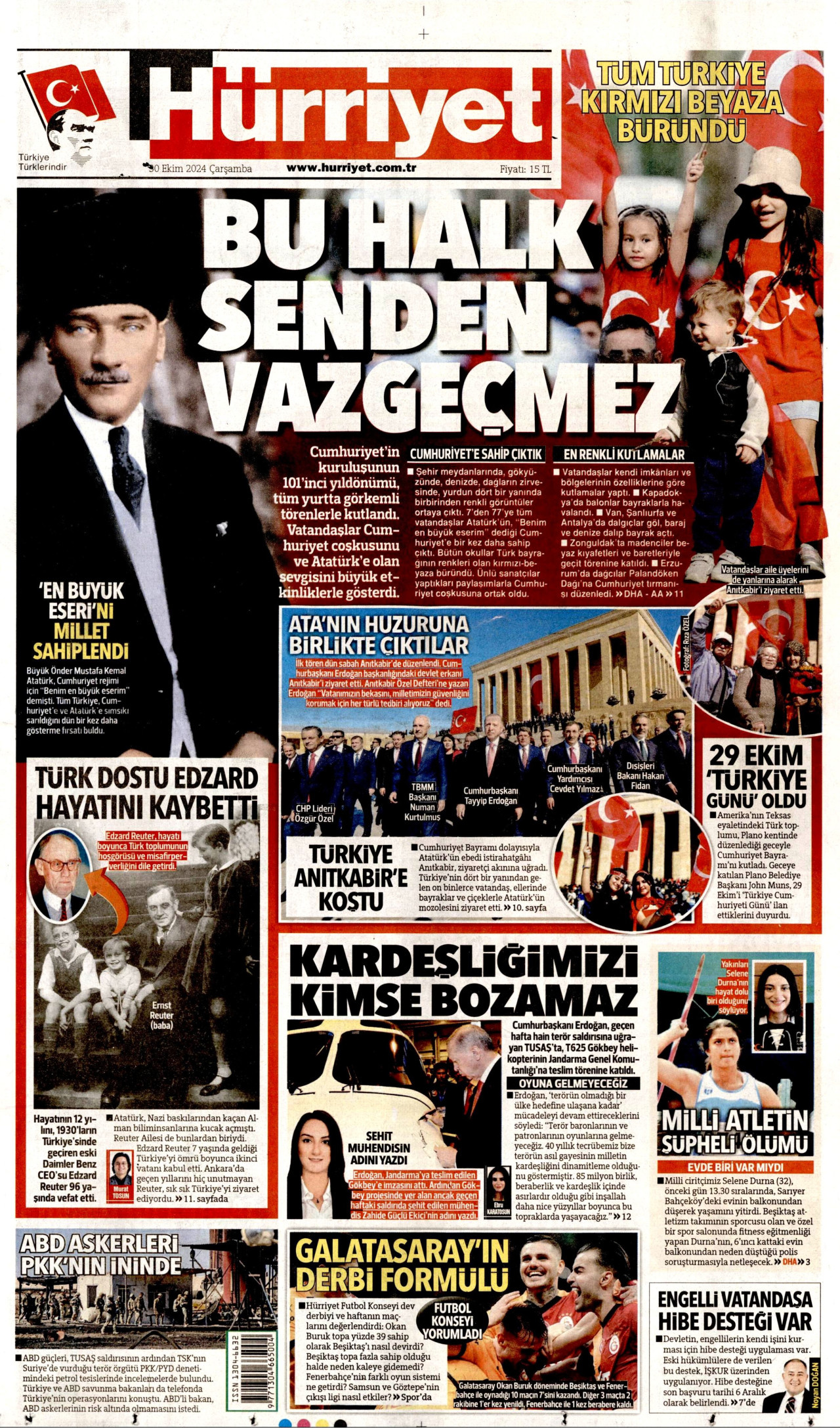 HÜRRİYET gazetesinin 30 Ekim 2024 tarihli birinci sayfası