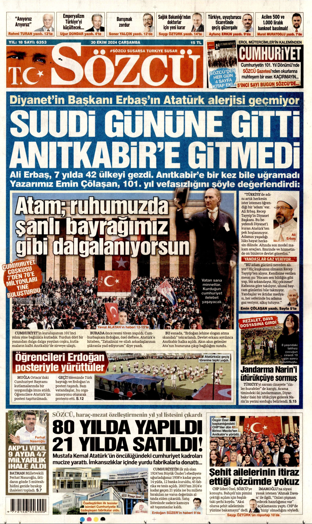 SÖZCÜ gazetesinin 30 Ekim 2024 tarihli birinci sayfası