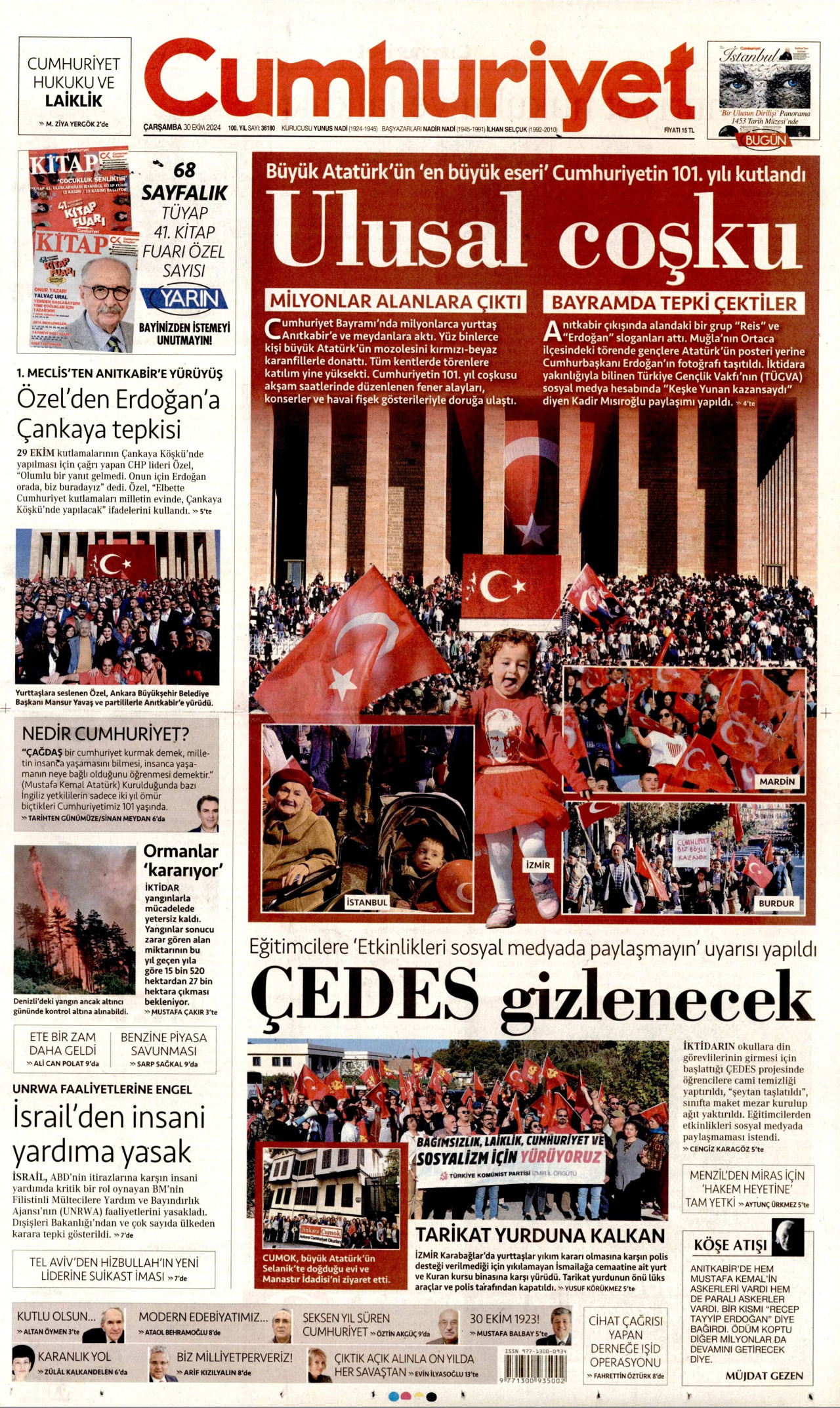 CUMHURİYET gazetesinin 30 Ekim 2024 tarihli birinci sayfası