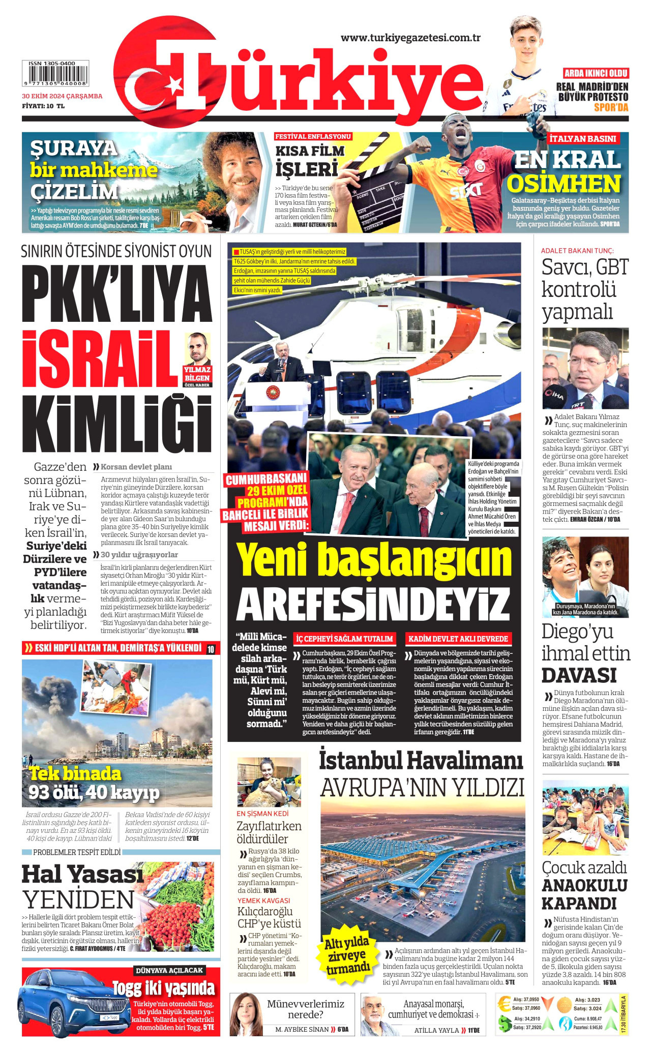 TÜRKİYE GAZETESİ gazetesinin 30 Ekim 2024 tarihli birinci sayfası
