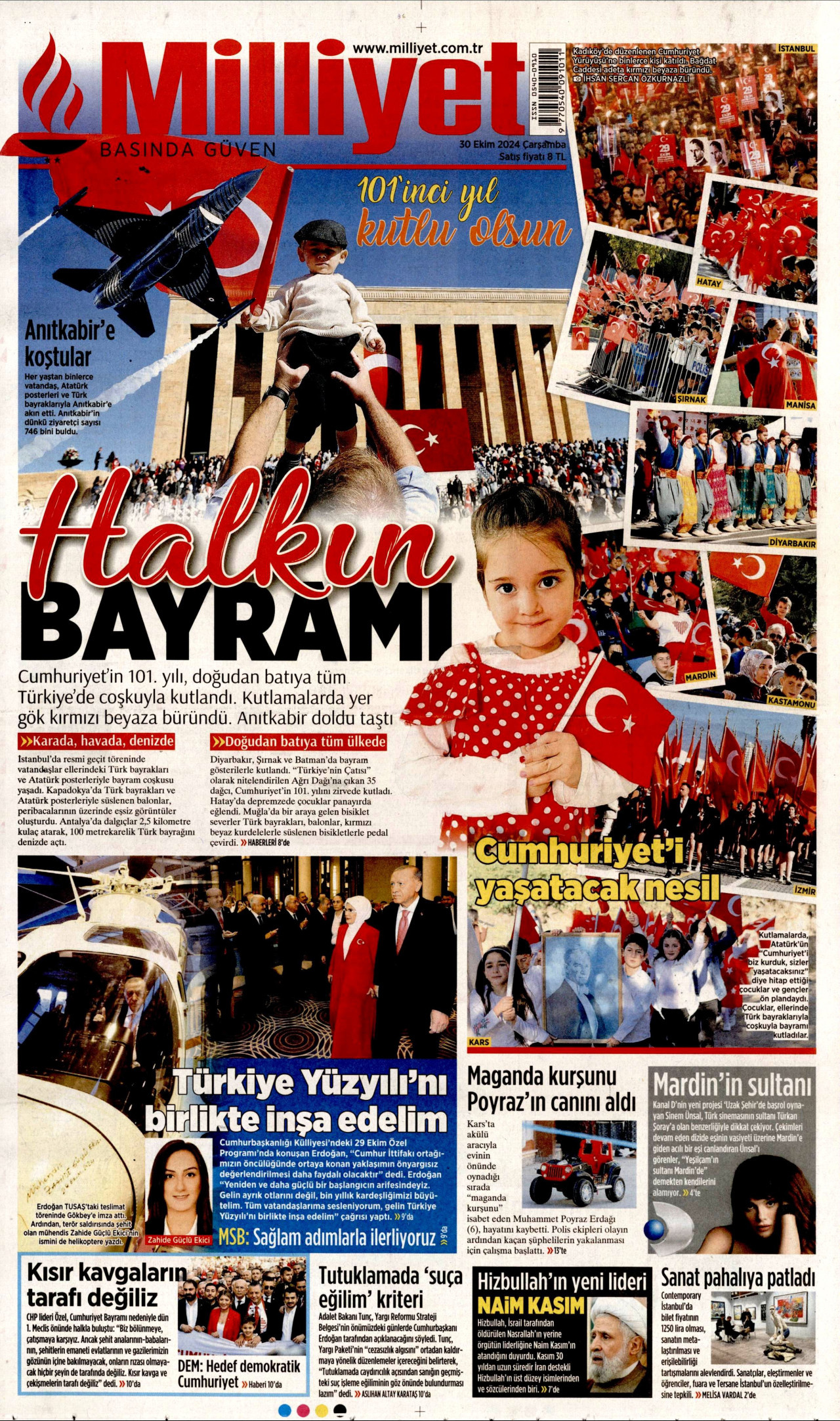 MİLLİYET gazetesinin 30 Ekim 2024 tarihli birinci sayfası