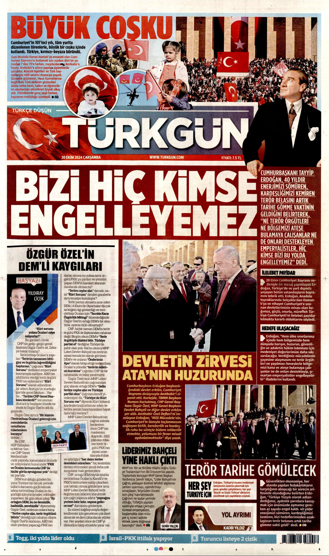 TÜRKGÜN gazetesinin 30 Ekim 2024 tarihli birinci sayfası