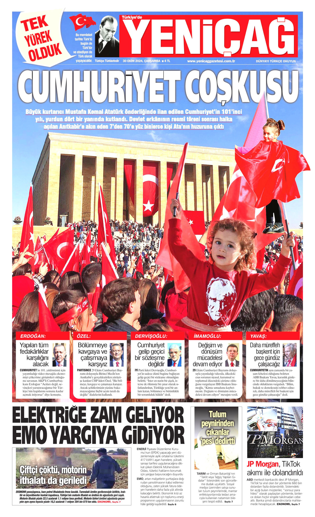 YENİÇAĞ gazetesinin 30 Ekim 2024 tarihli birinci sayfası