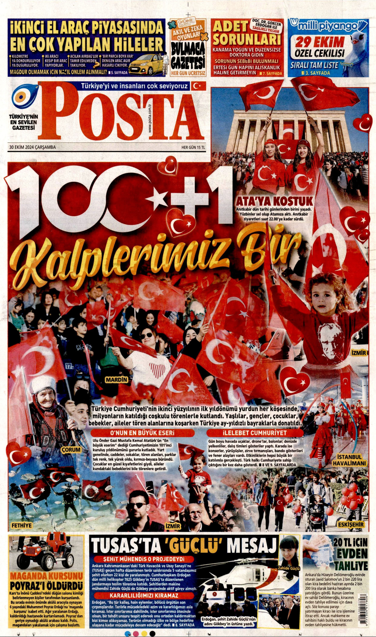 POSTA gazetesinin 30 Ekim 2024 tarihli birinci sayfası