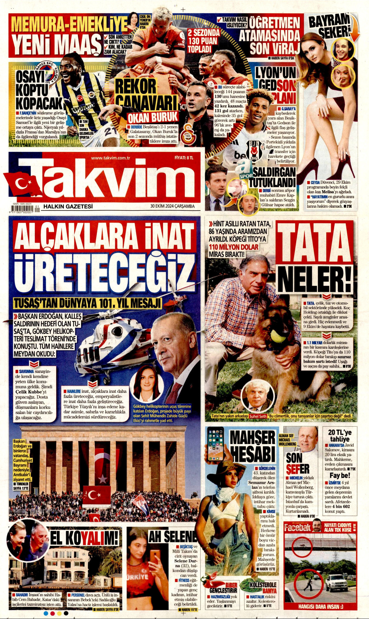TAKVİM gazetesinin 30 Ekim 2024 tarihli birinci sayfası