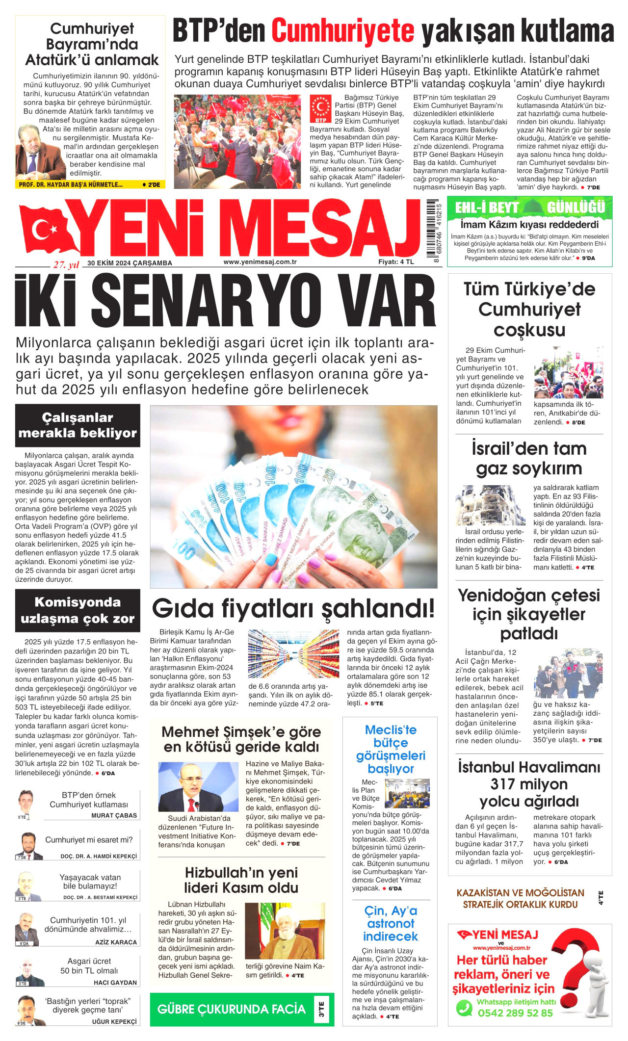 YENİ MESAJ gazetesinin 30 Ekim 2024 tarihli birinci sayfası