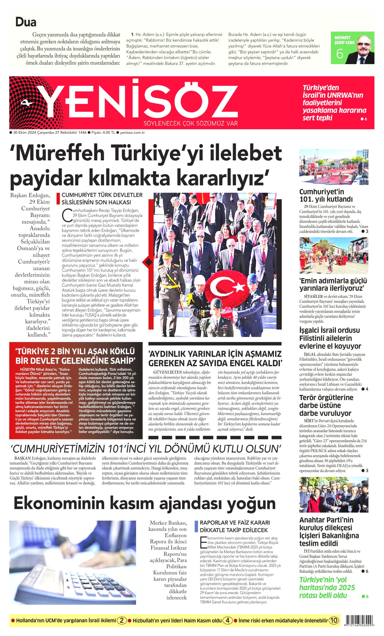 YENİ SÖZ GAZETESİ gazetesinin 30 Ekim 2024 tarihli birinci sayfası
