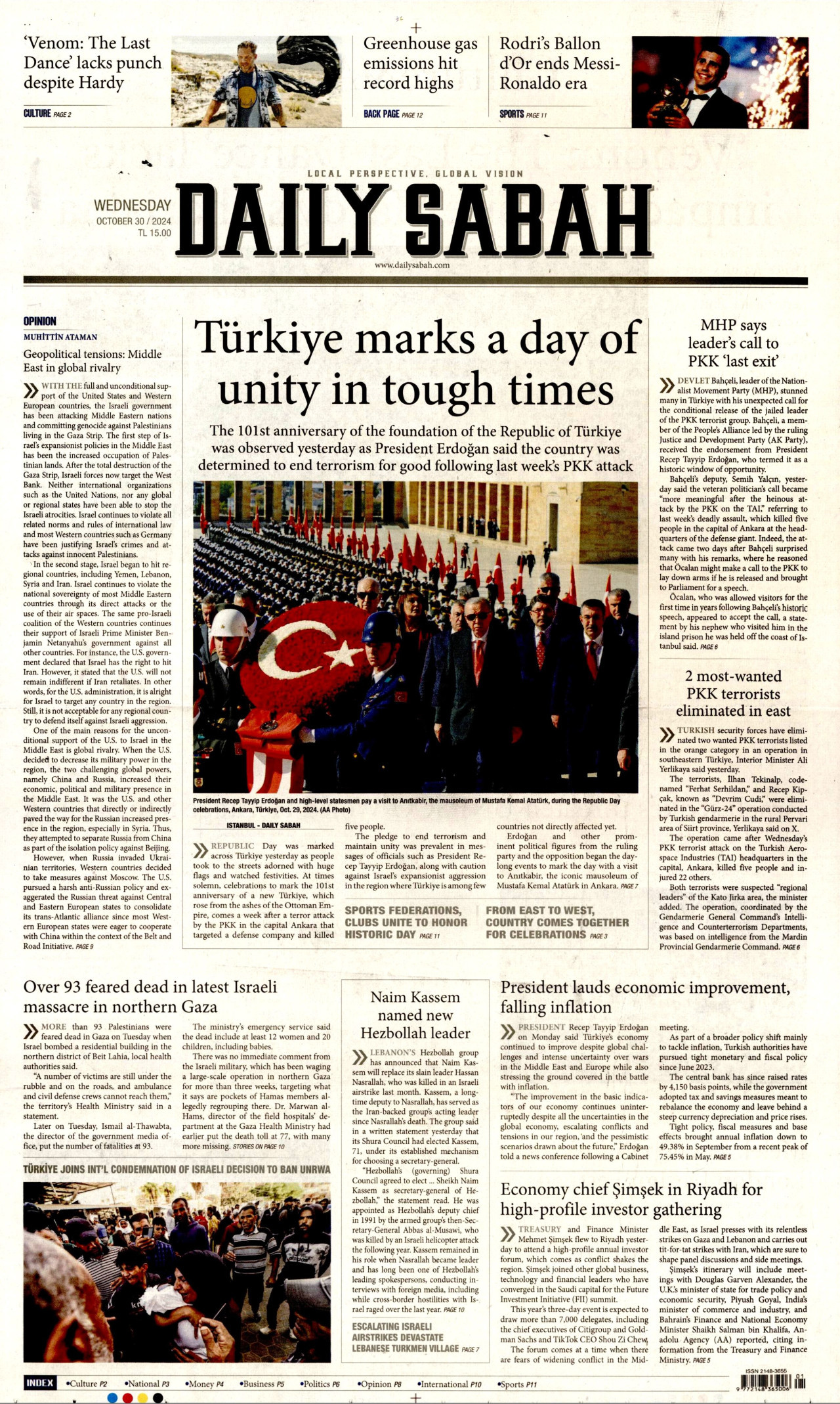 DAİLY SABAH gazetesinin 30 Ekim 2024 tarihli birinci sayfası