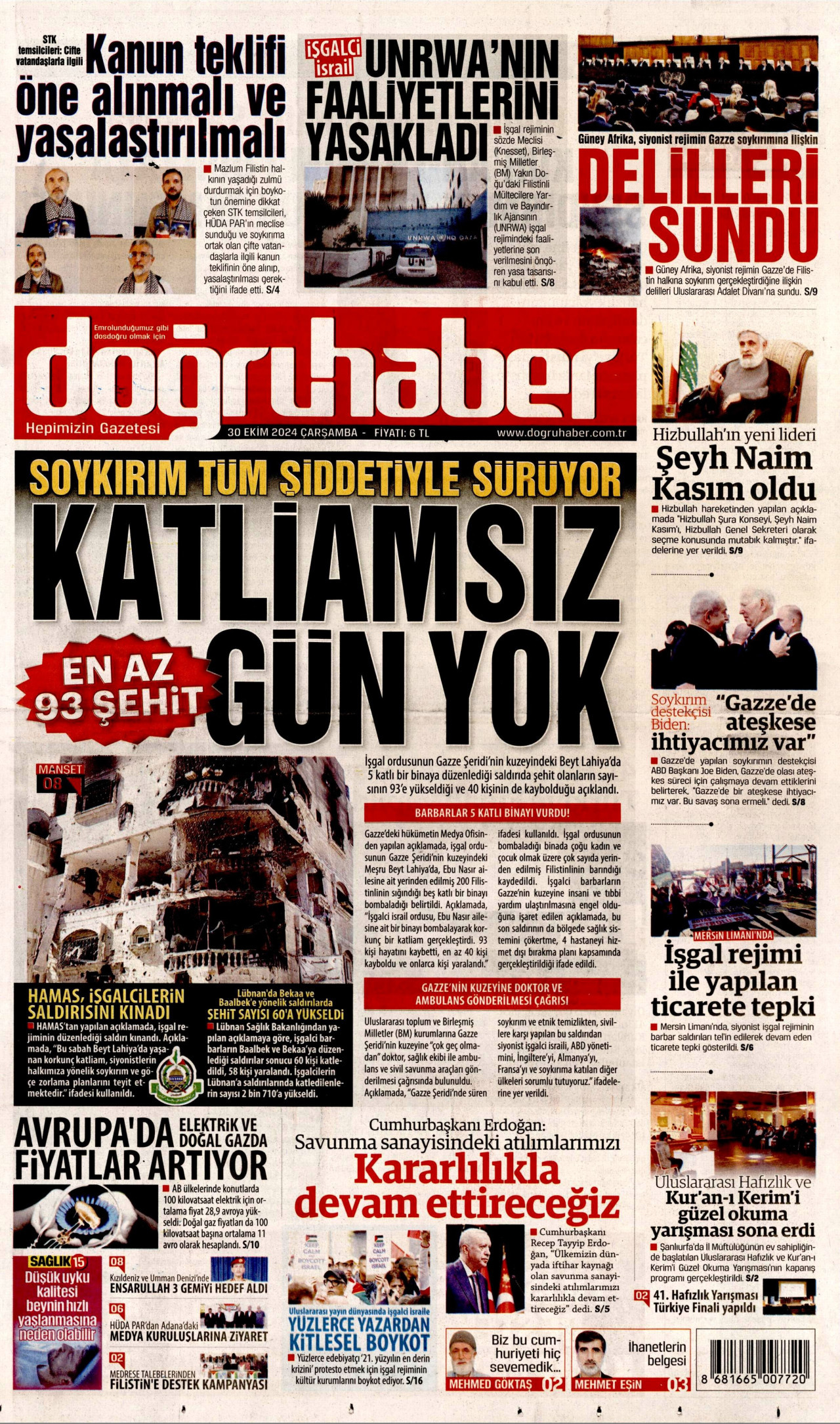 DOĞRU HABER gazetesinin 30 Ekim 2024 tarihli birinci sayfası