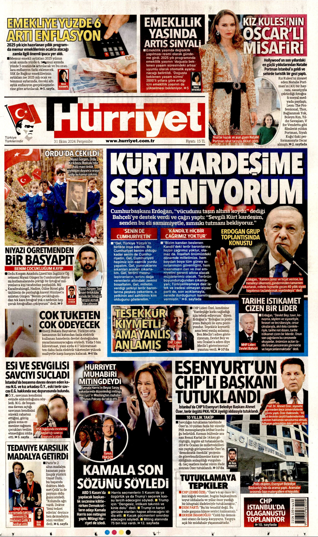 HÜRRİYET gazetesinin 31 Ekim 2024 tarihli birinci sayfası