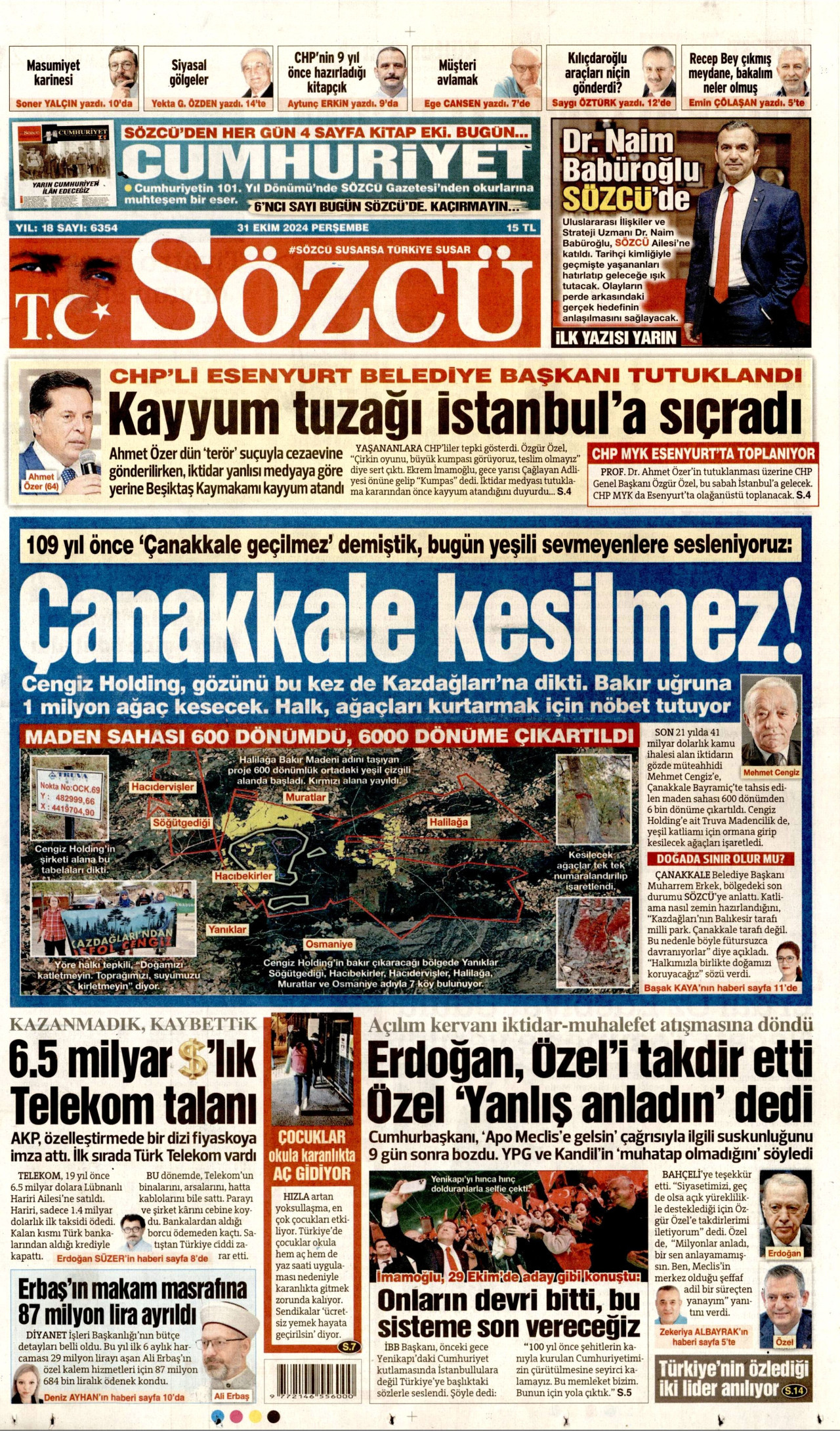 SÖZCÜ gazetesinin 31 Ekim 2024 tarihli birinci sayfası