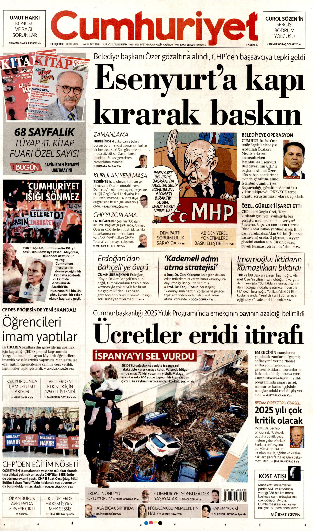 CUMHURİYET gazetesinin 31 Ekim 2024 tarihli birinci sayfası