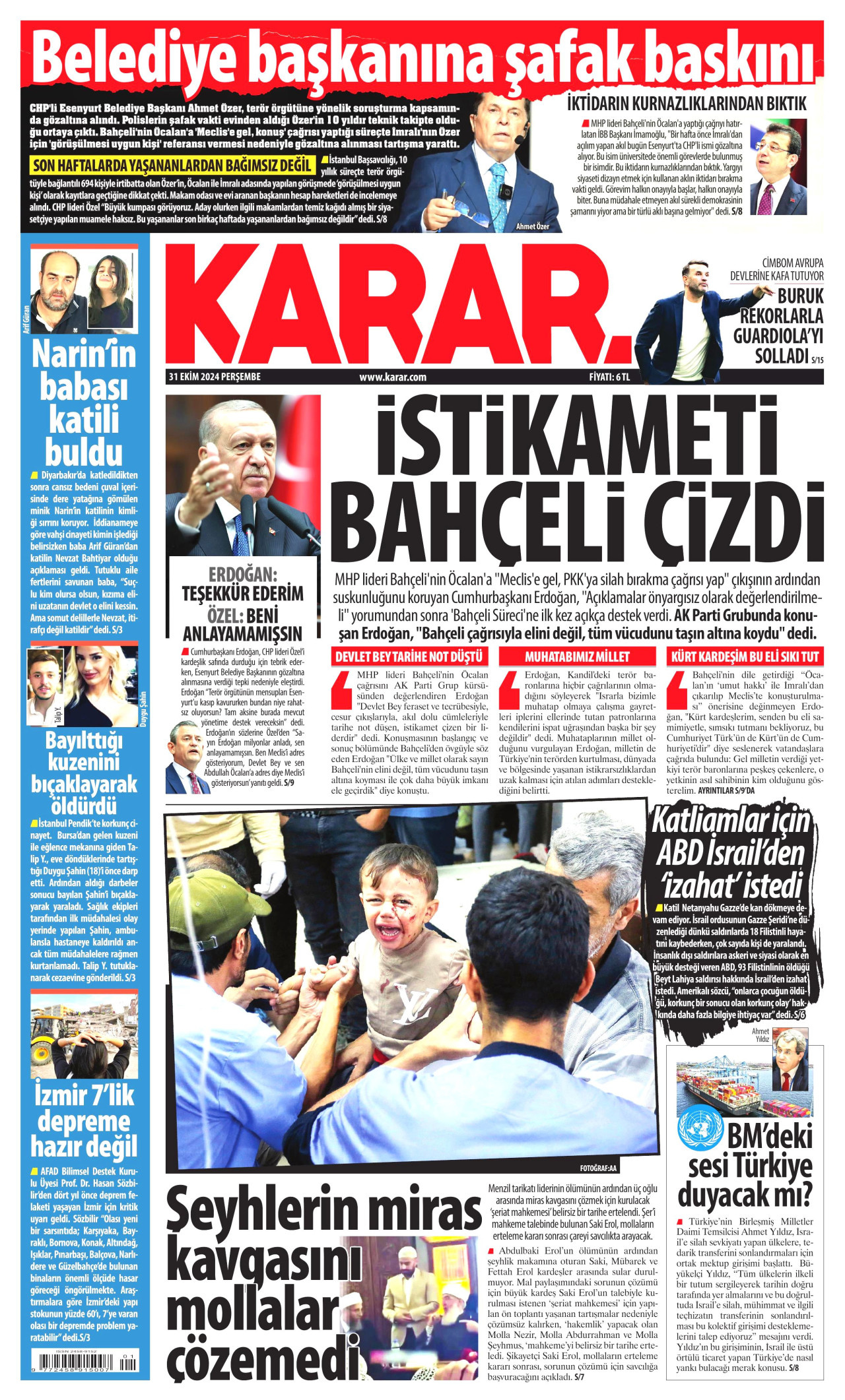 KARAR gazetesinin 31 Ekim 2024 tarihli birinci sayfası