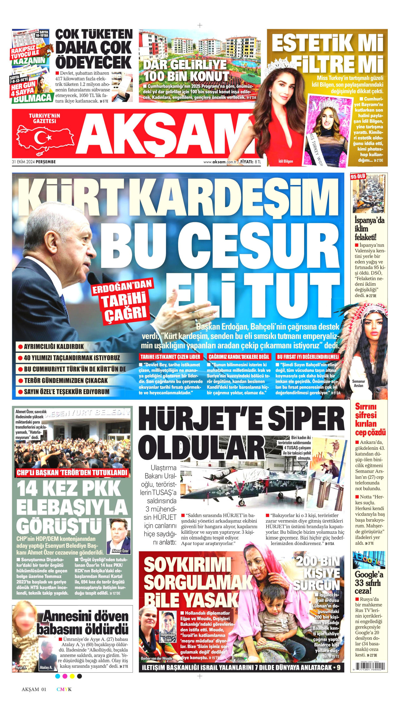AKŞAM gazetesinin 31 Ekim 2024 tarihli birinci sayfası