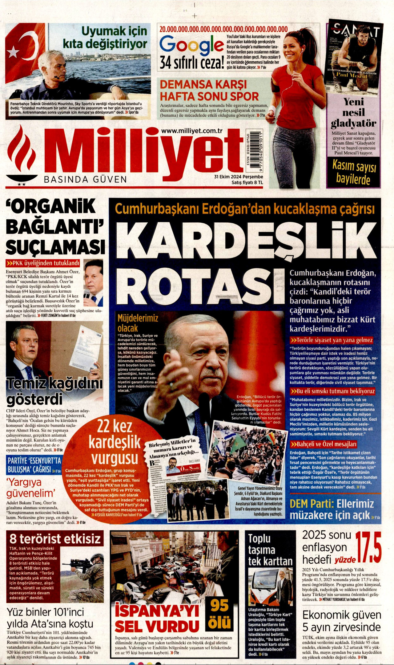 MİLLİYET gazetesinin 31 Ekim 2024 tarihli birinci sayfası