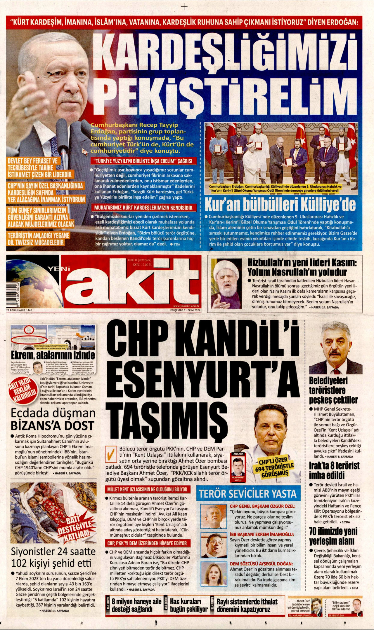 YENİ AKİT gazetesinin 31 Ekim 2024 tarihli birinci sayfası