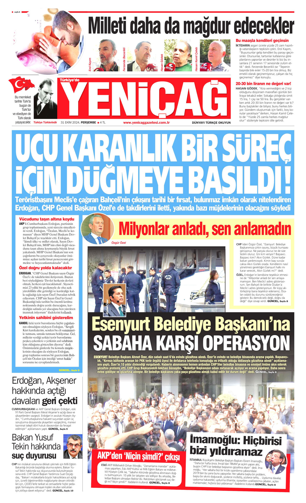 YENİÇAĞ gazetesinin 31 Ekim 2024 tarihli birinci sayfası