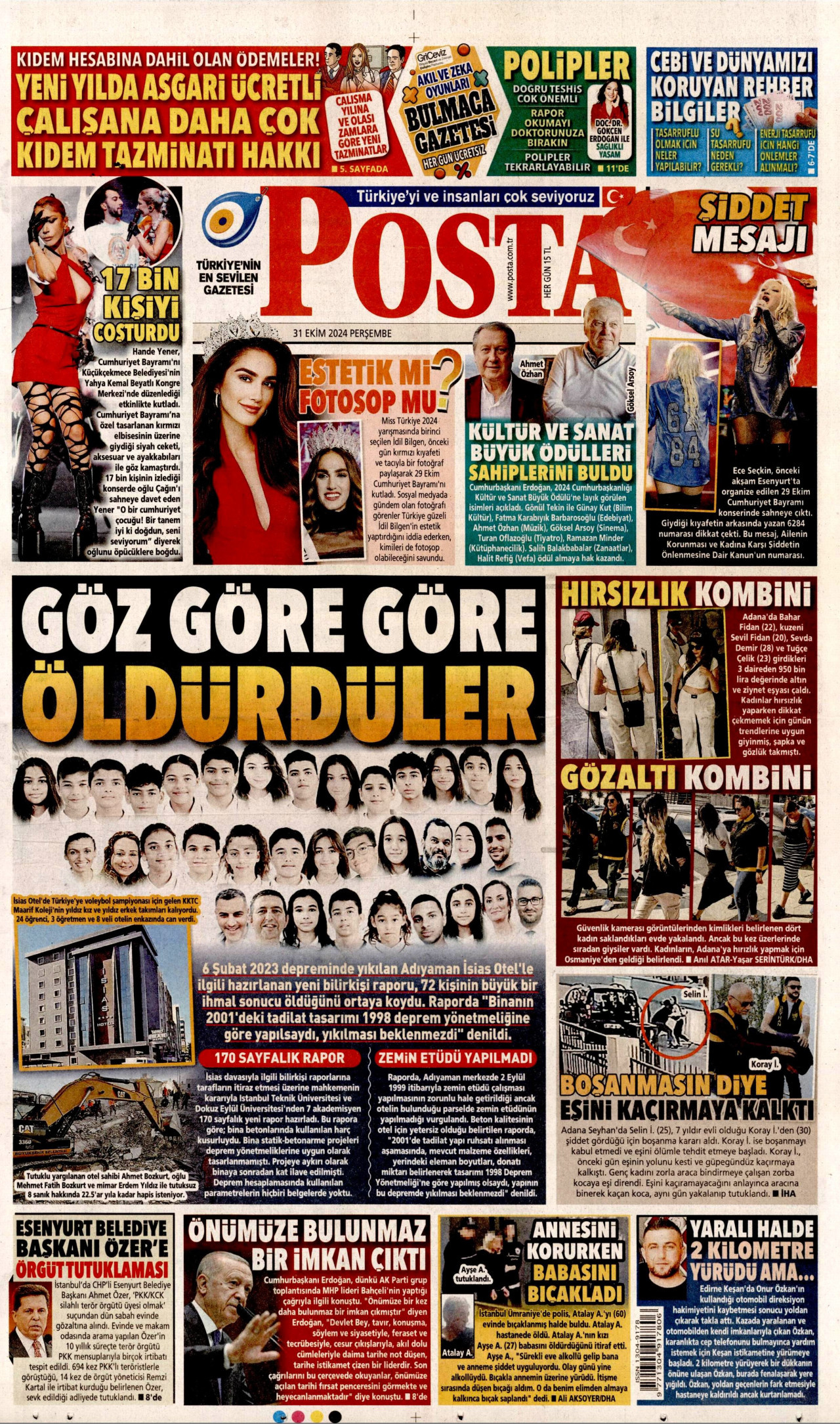 POSTA gazetesinin 31 Ekim 2024 tarihli birinci sayfası