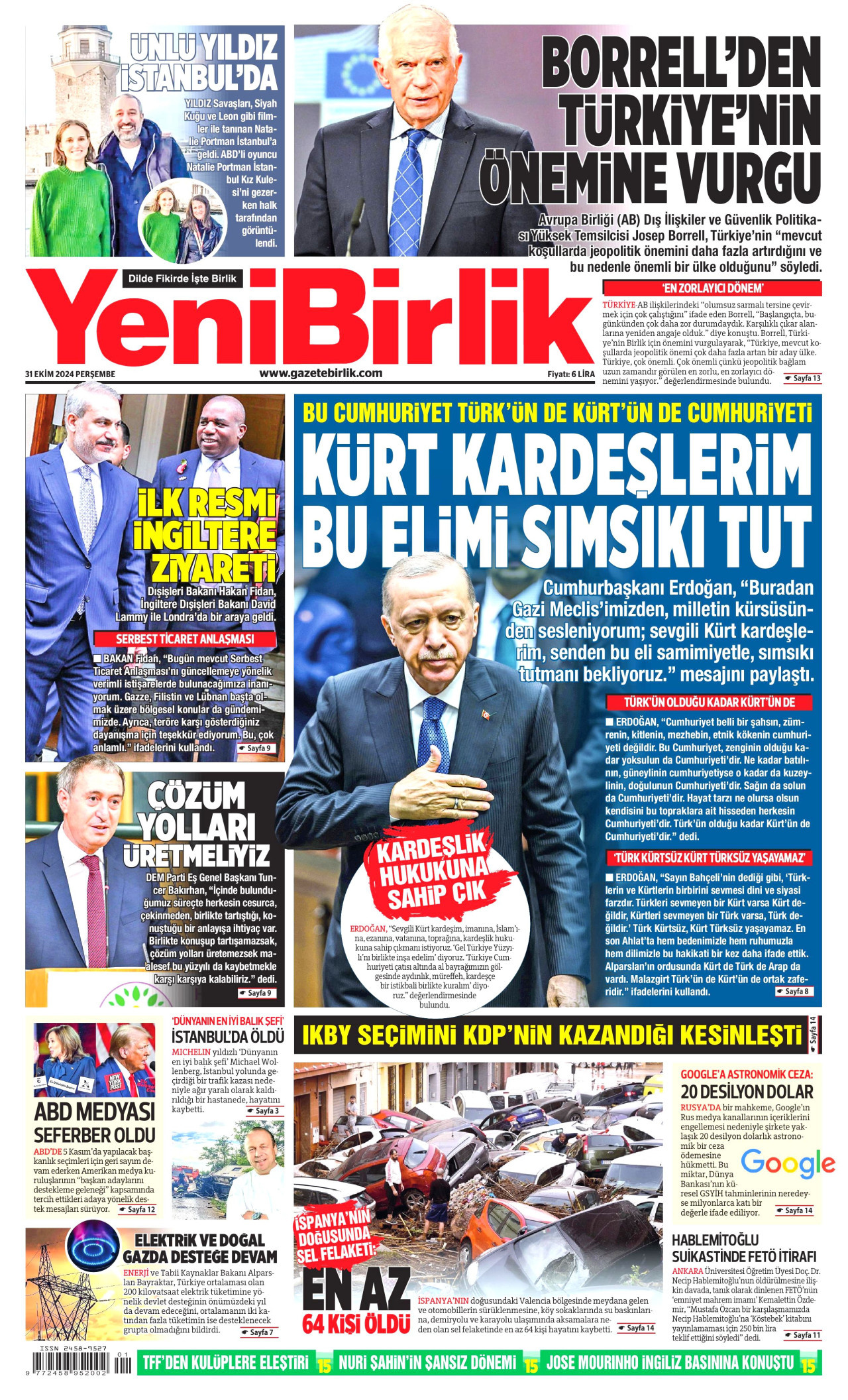 YENİBİRLİK gazetesinin 31 Ekim 2024 tarihli birinci sayfası