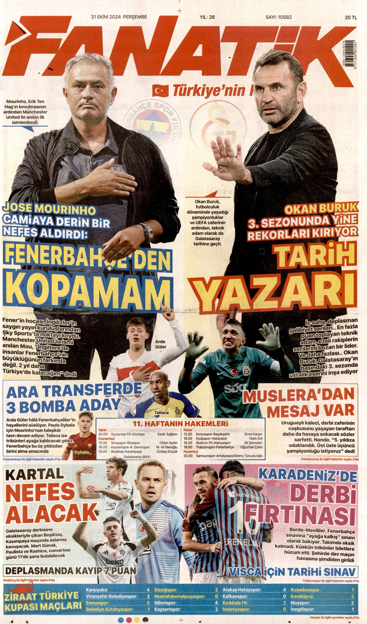 FANATİK gazetesinin 31 Ekim 2024 tarihli birinci sayfası